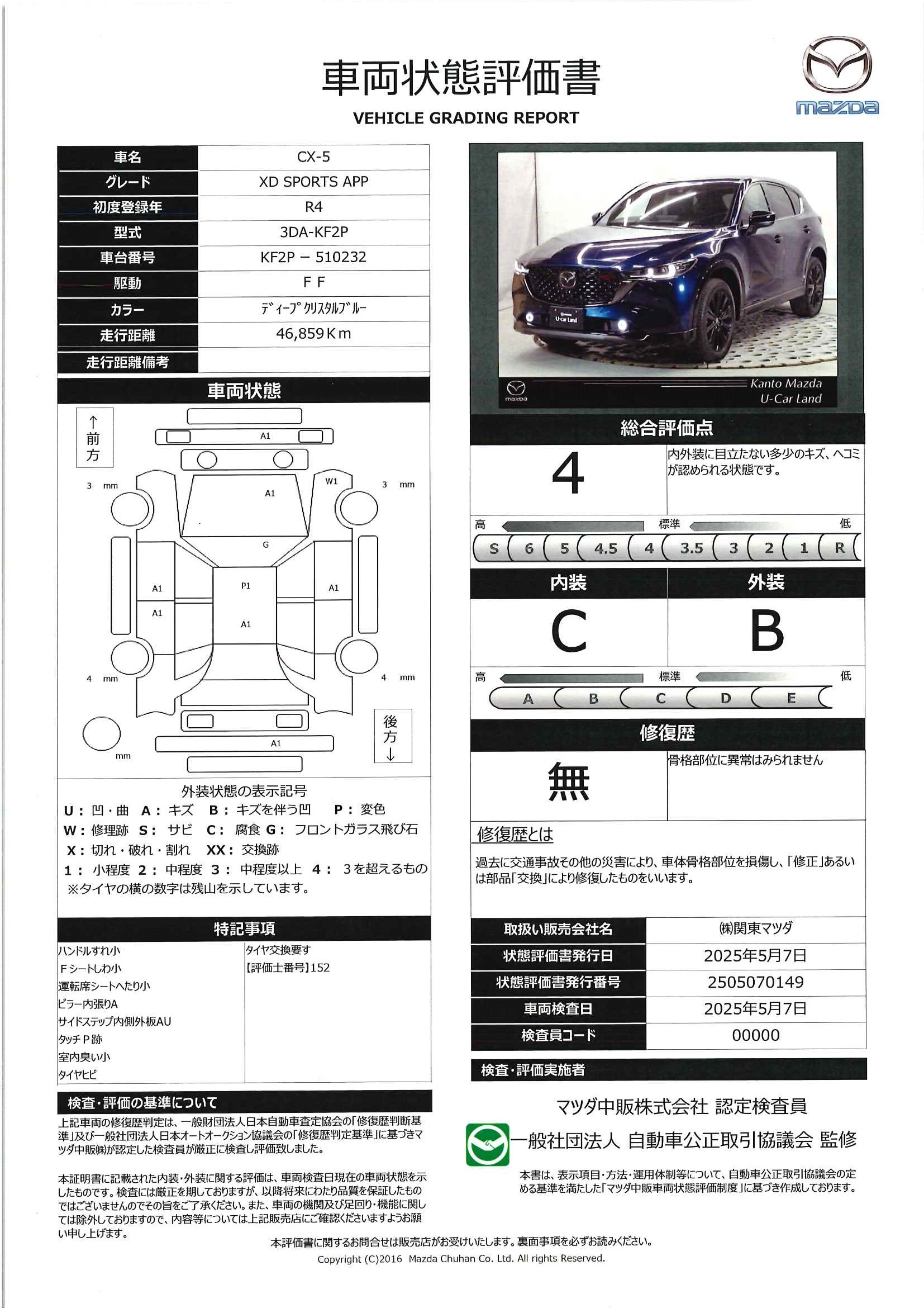 【CX-5　2.2 XD スポーツ アピアランス ディーゼルターボクルージング＆トラフィック・サポート(CTS)　ワイヤレス充電　ブラックメタリック塗装アルミホイール　地上デジタルチューナー　6スピーカー　324qd012】の車両評価書｜関東マツダ　U-CAR NET ユーカーネット