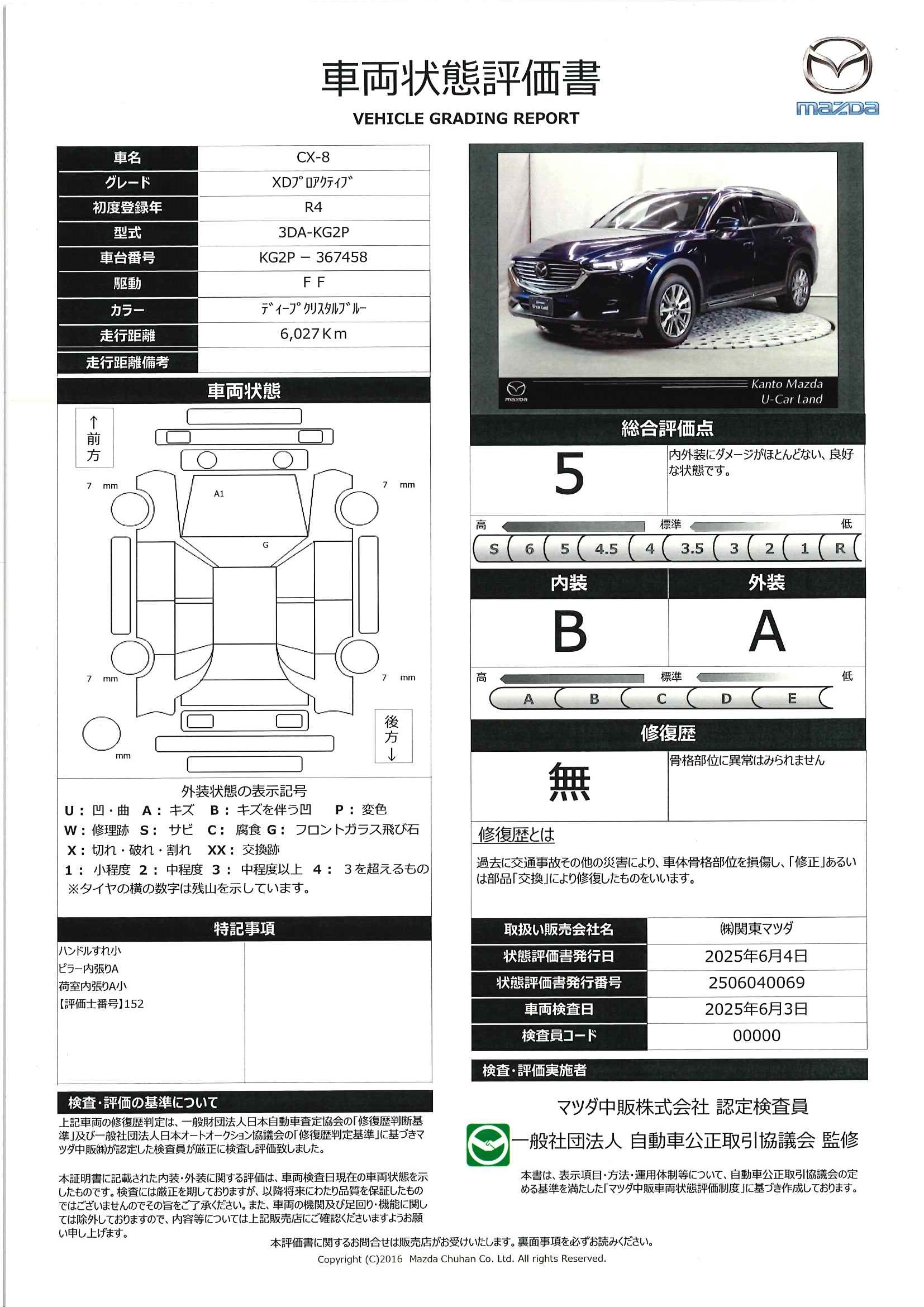 【CX-8　2.2 XD プロアクティブ ディーゼルターボ7人乗り　セーフティクルーズPKG　サイドガーニッシュ　ルーフレール　10.25インチセンターディスプレイ　ワイヤレス充電　地上デジタルチューナー　ボーズサウンドシステム　324qe020】の車両評価書｜関東マツダ　U-CAR NET ユーカーネット