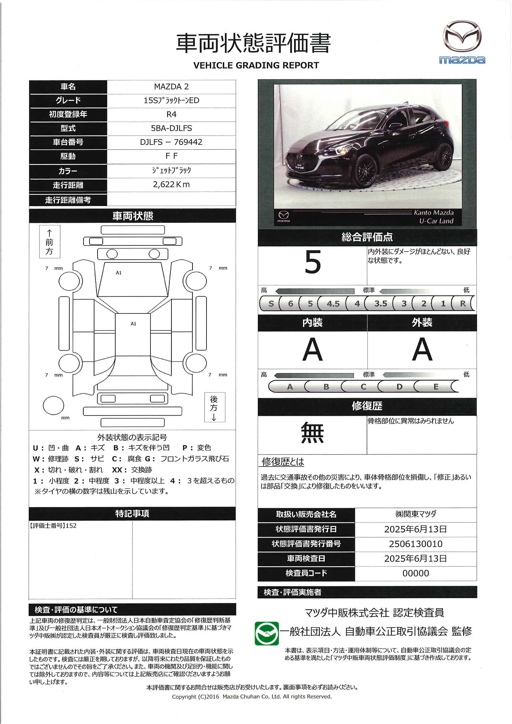 【MAZDA2　1.5 15S ブラック トーン エディションSBS(スマート・ブレーキ・サポート)　レーンキープ・アシスト・システム(LAS)　マツダ・レーダー・クルーズ・コントロール(MRCC)全車速追従機能付き　ブラックメタリック塗装アルミホイール　324qf004】の車両評価書｜関東マツダ　U-CAR NET ユーカーネット