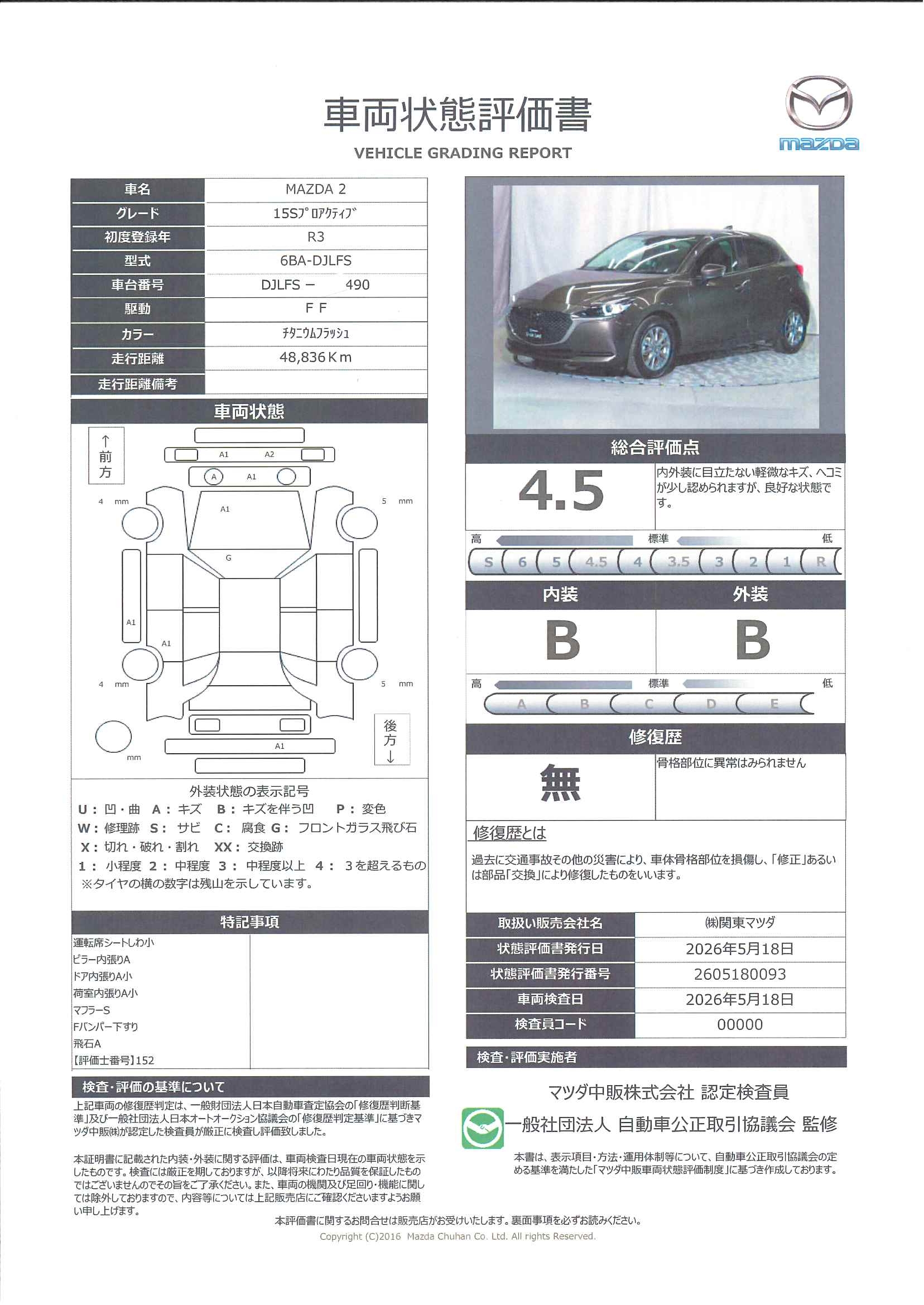 【MAZDA2　1.5 15S プロアクティブCD/DVD+地デジチューナー　360°ビューモニター+フロントパーキングセンサー　ダークガラス　フルオートエアコン　マツダコネクトナビ　2カメラドライブレコーダー　ETC2.0　324re004】の車両評価書｜関東マツダ　U-CAR NET ユーカーネット