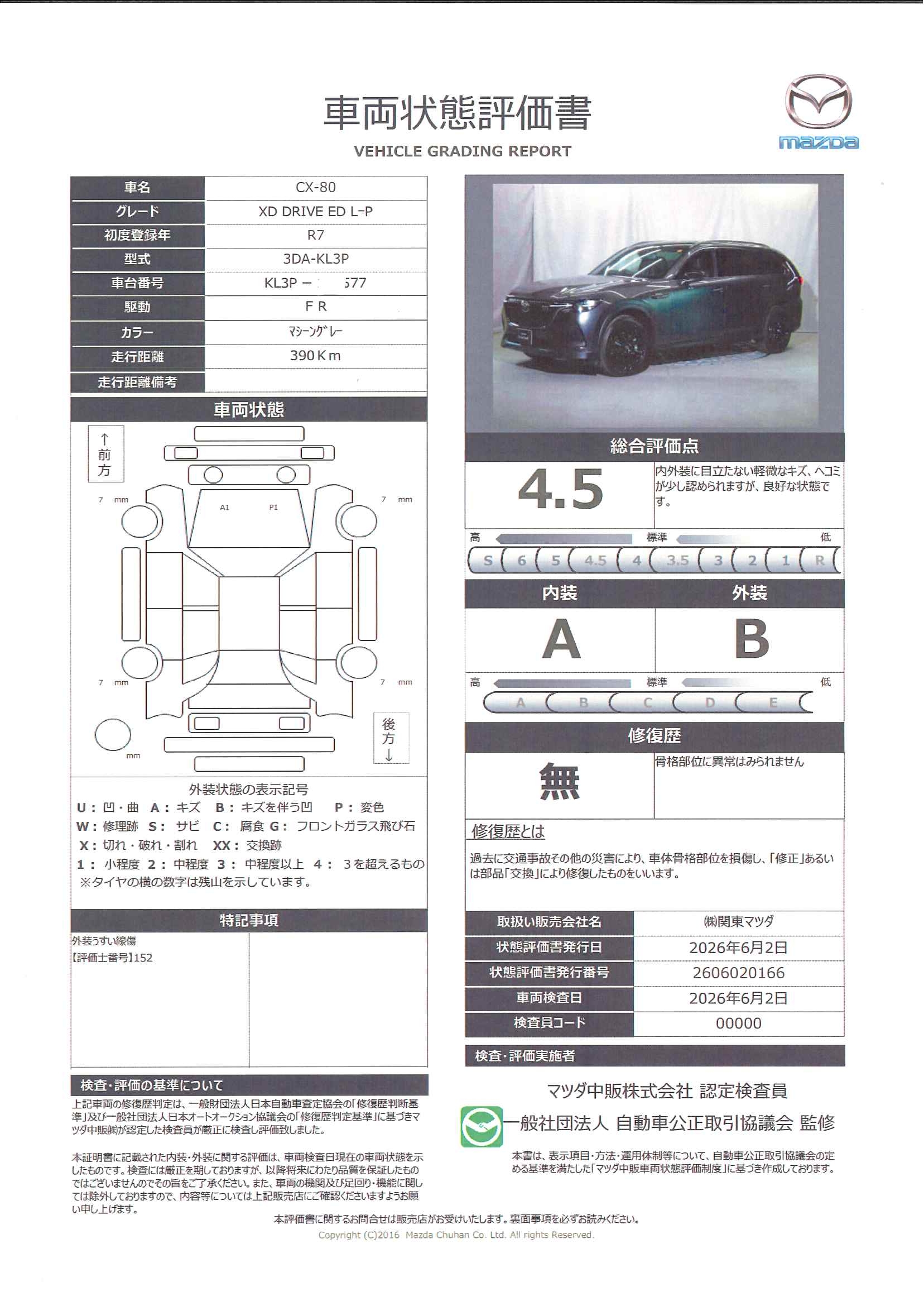 【CX-80　3.3 XD ドライブ エディション ナッパ レザー パッケージ ディーゼルターボシートカラー：ブラック(ナッパーレザー)　6人乗り　リアシート・シートベンチレーション　BOSEサウンドシステム　ドライバーパーソナライズ・自動ドライビングポジションガイド　　324re017】の車両評価書｜関東マツダ　U-CAR NET ユーカーネット