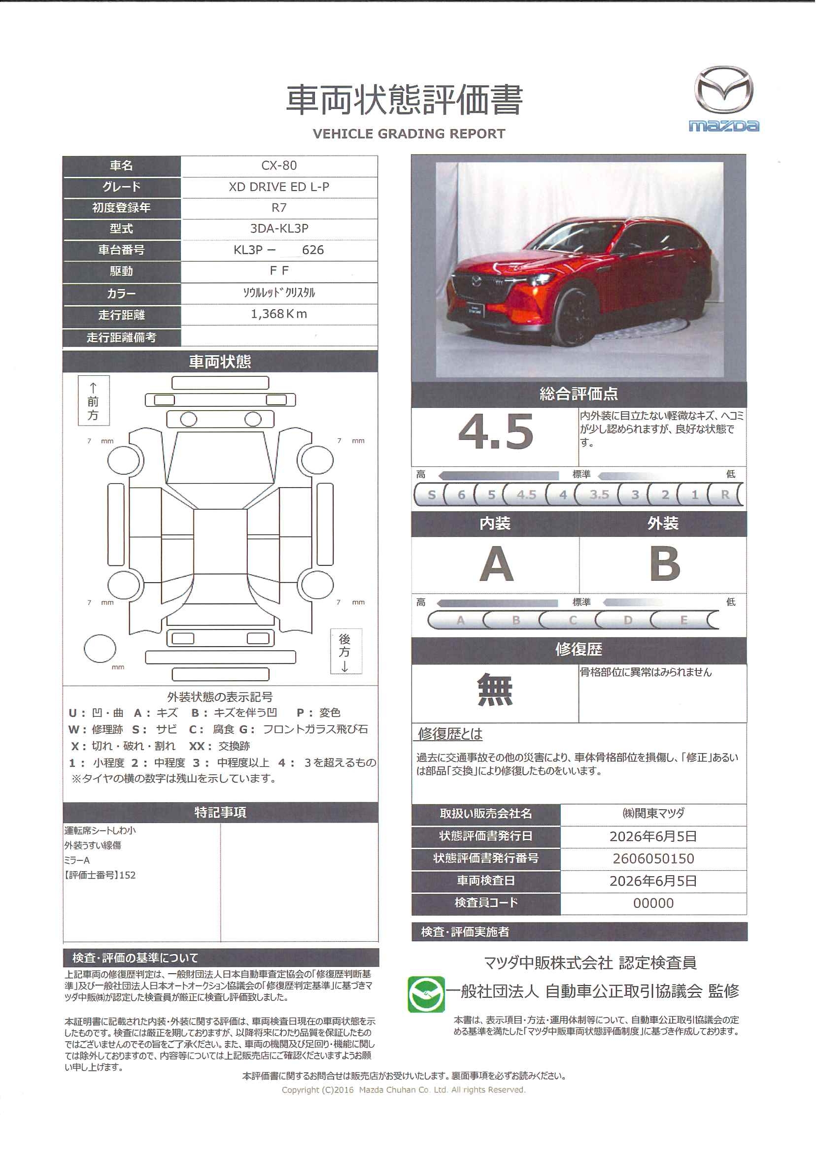 【CX-80　3.3 XD ドライブ エディション ナッパ レザー パッケージ ディーゼルターボシートカラー：ブラック(ナッパーレザー)　6人乗り　リアシート：２Wayパワーシート　リアシート・ベンチレーション　BOSEサウンドシステム　アンビエントライト　運転席＆助手席シートベンチレーション　324rf004】の車両評価書｜関東マツダ　U-CAR NET ユーカーネット