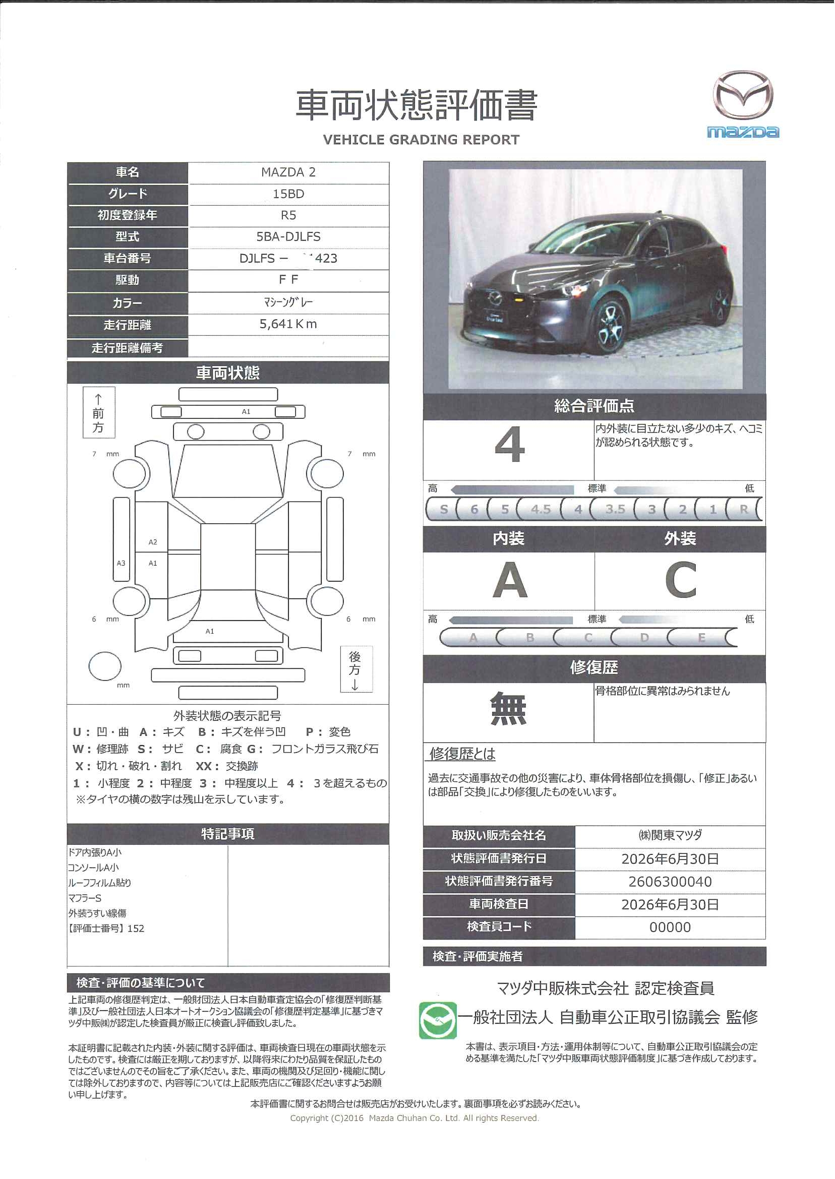 【MAZDA2　1.5 15BD360°ビューモニター+フロントパーキングセンサー(センター/コーナー)　自動防眩ルームミラー　スマート・ブレーキ・サポート(SBS)　マツダ・レーダー・クルーズ・コントロール(MRCC)全車速追従機　324rf016】の車両評価書｜関東マツダ　U-CAR NET ユーカーネット