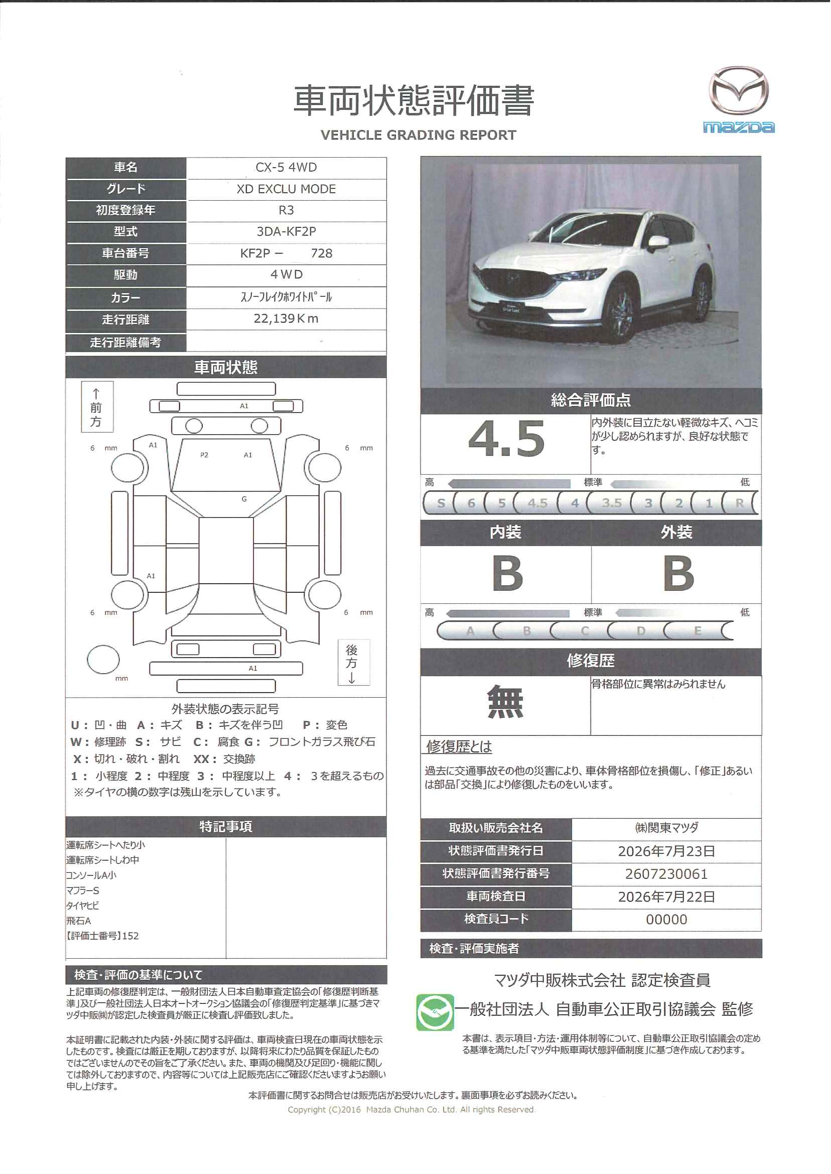 【CX-5　2.2 XD エクスクルーシブ モード ディーゼルターボ 4WD電動スライドガラスサンルーフ　ボーズサウンドシステム　地上デジタルチューナー　運転席＆助手席シートベンチレーション　シートカラー：ディープレッド(ナッパーレザー)　324rg005】の車両評価書｜関東マツダ　U-CAR NET ユーカーネット