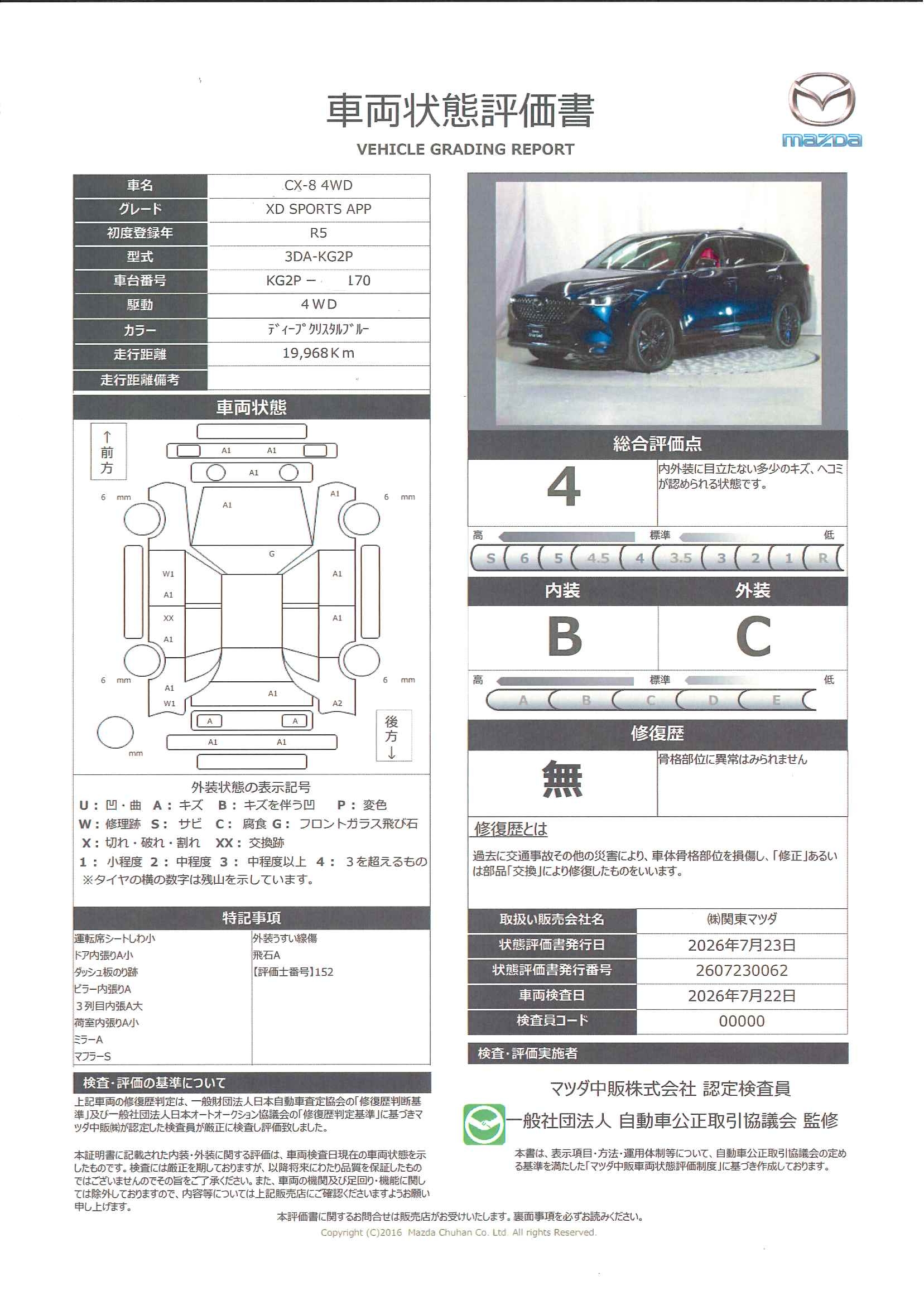 【CX-8　2.2 XD スポーツ アピアランス ディーゼルターボ 4WD7人乗り　シートカラー：レッド　SBS&MRCC　ヒーテッドドアミラー　アドバンストキー　360°ビューモニター　クルージング＆トラフィック・サポート　10.25インチセンターディスプレイ　324rg006】の車両評価書｜関東マツダ　U-CAR NET ユーカーネット