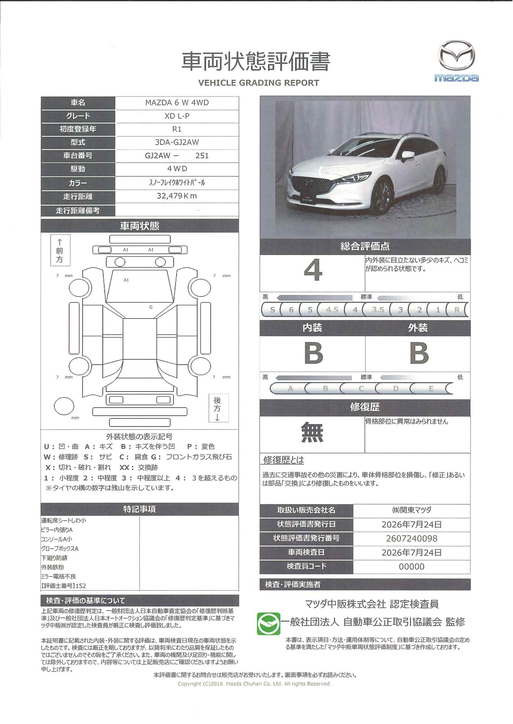 【MAZDA6ワゴン　2.2 XD Lパッケージ ディーゼルターボ 4WD360°ビューモニター+フロントパーキングセンサー　電動スライドガラスサンルーフ　CD/DVD+地デジチューナー　BOSEサウンドシステム　シートカラー：オリエンタルブラウン(ナッパーレザー)　324rg010】の車両評価書｜関東マツダ　U-CAR NET ユーカーネット