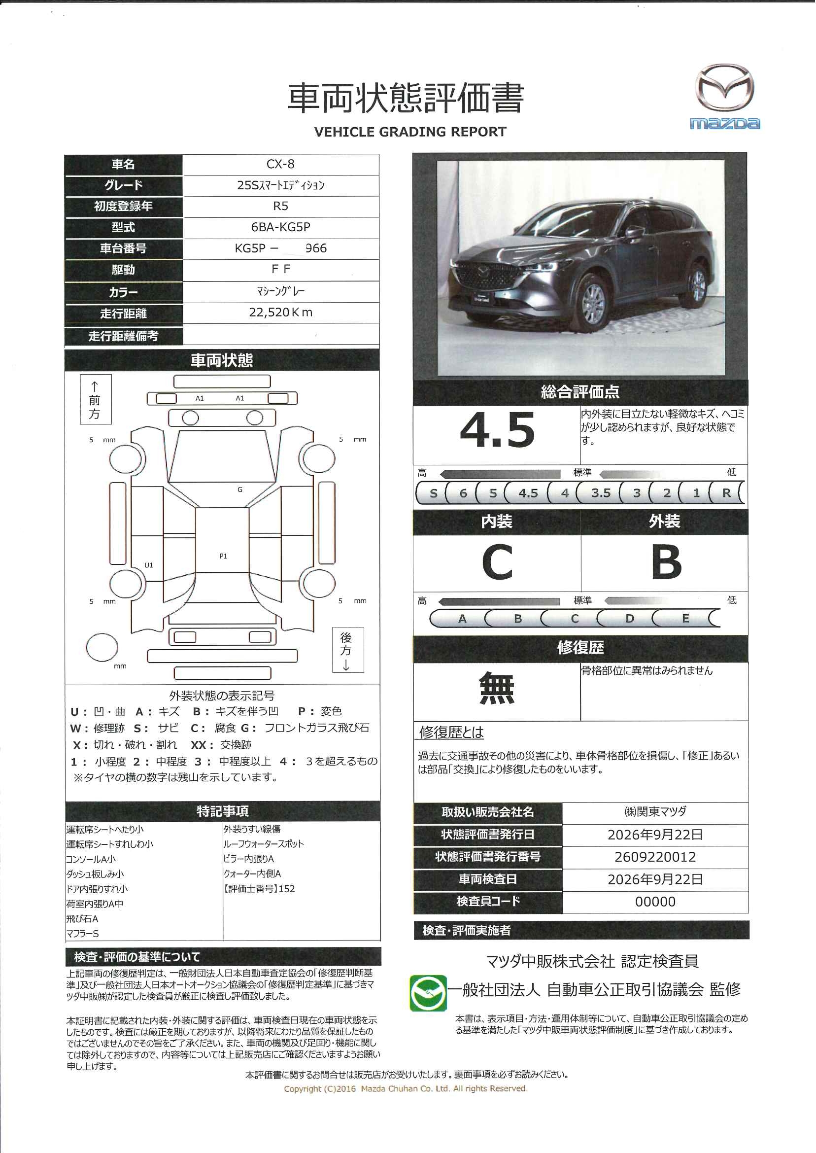 【CX-8　2.5 25S スマート エディション下取車　ワンオーナー　シートカラー：ブラック(クロス)　セーフティクルーズPKG　360°ビューモニター+フロントパーキングセンサー　クルージング＆トラフィックサポート(CTS)　ハンズフリー機能付き　324ri014】の車両評価書｜関東マツダ　U-CAR NET ユーカーネット