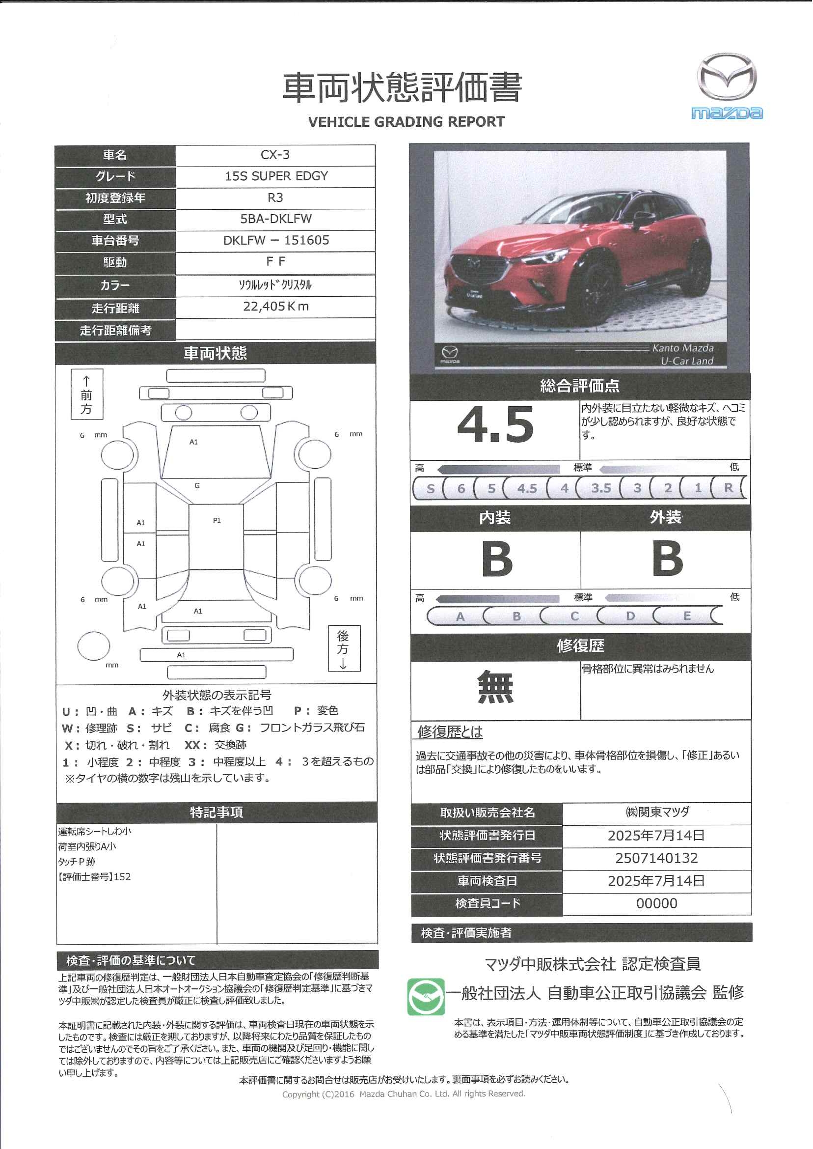 【CX-3　15S Super Edgy360°ビューモニター　ETC　Apple Carplay・Android Auto対応！マツダ コネクト（コマンダーコントロール）　326qg005】の車両評価書｜関東マツダ　U-CAR NET ユーカーネット