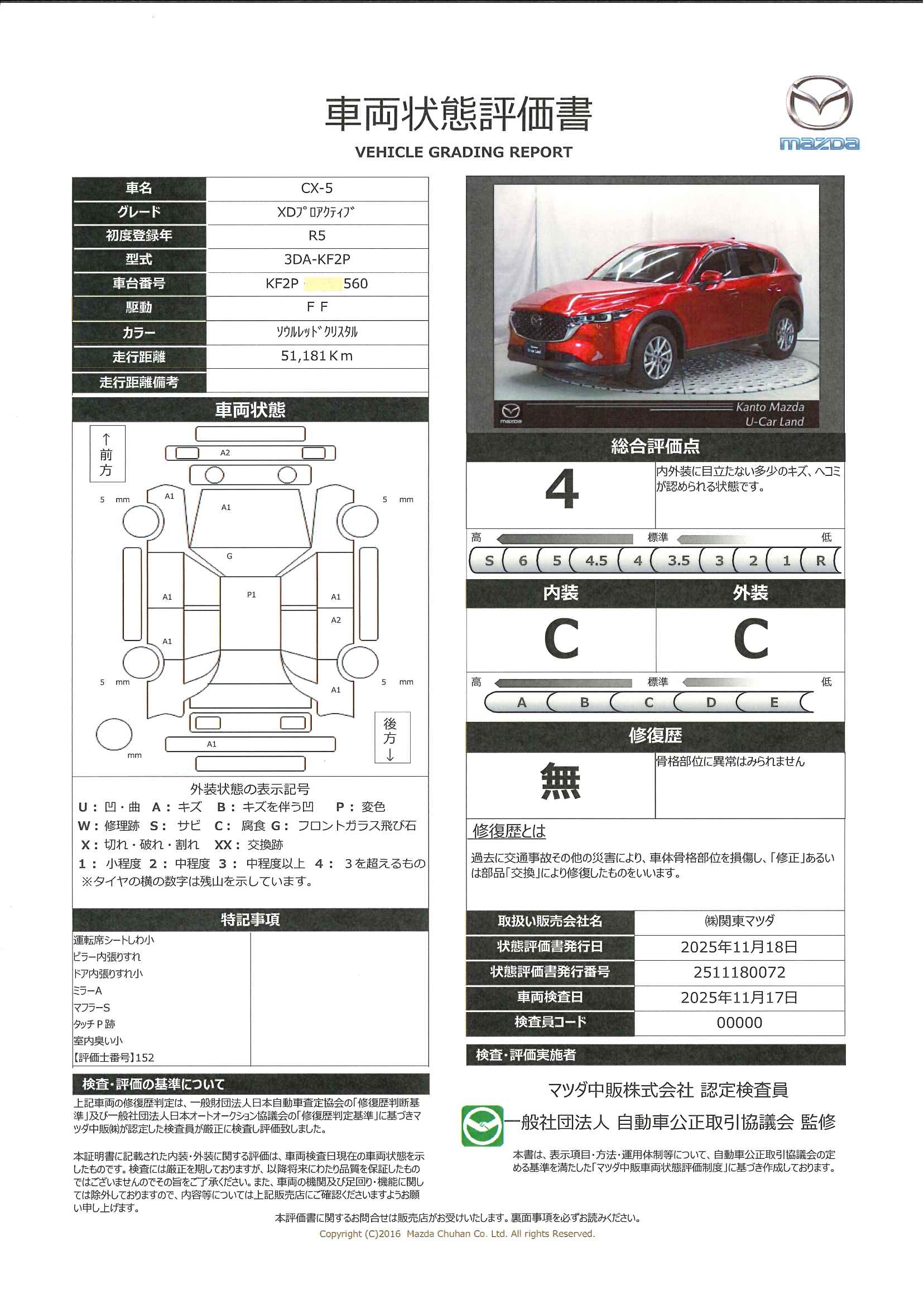【CX-5　2.2 XD プロアクティブ ディーゼルターボUVカット  ダークガラス.電動シート.シートヒーター全周囲カメラ..アダプティブクルーズコントロール.アダプティブヘッドライト  オートライト.レーンキープアシスト.アルミホイール. TV（フルセグ　326qk032】の車両評価書｜関東マツダ　U-CAR NET ユーカーネット