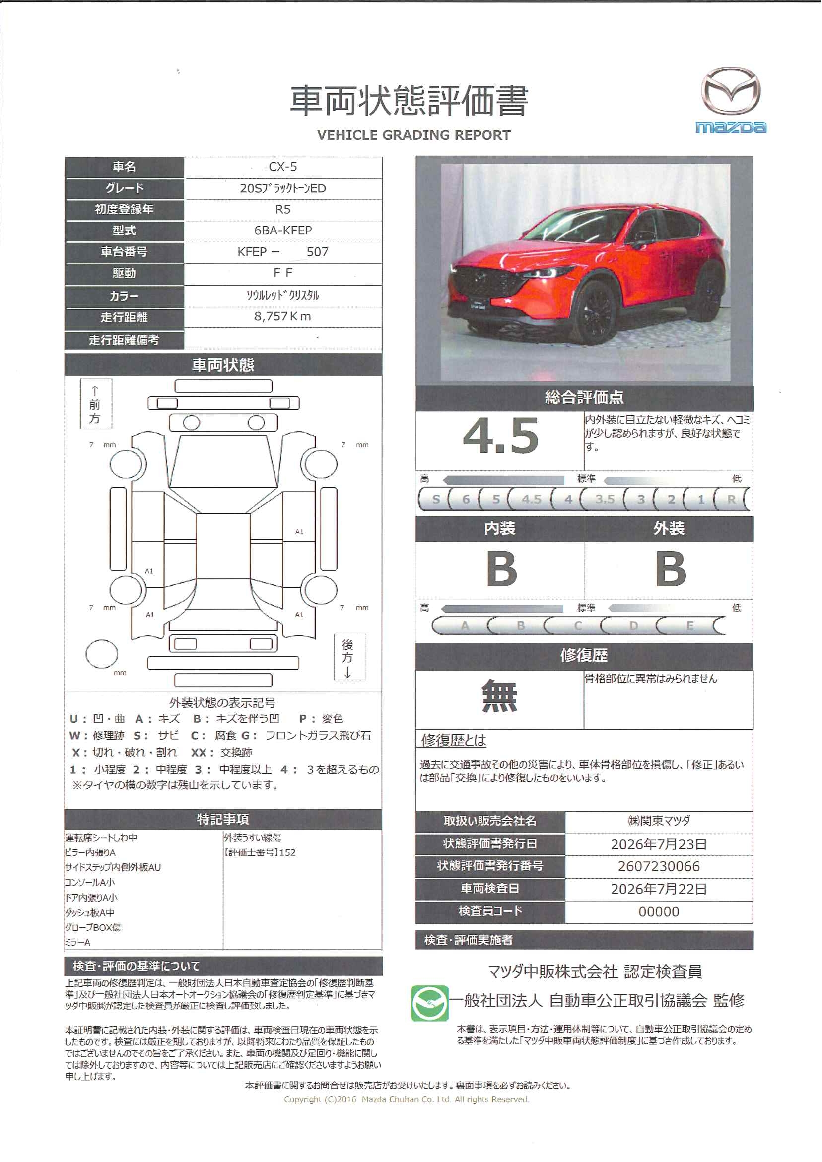 【CX-5　2.0 20S ブラックトーンエディション　326rg004】の車両評価書｜関東マツダ　U-CAR NET ユーカーネット