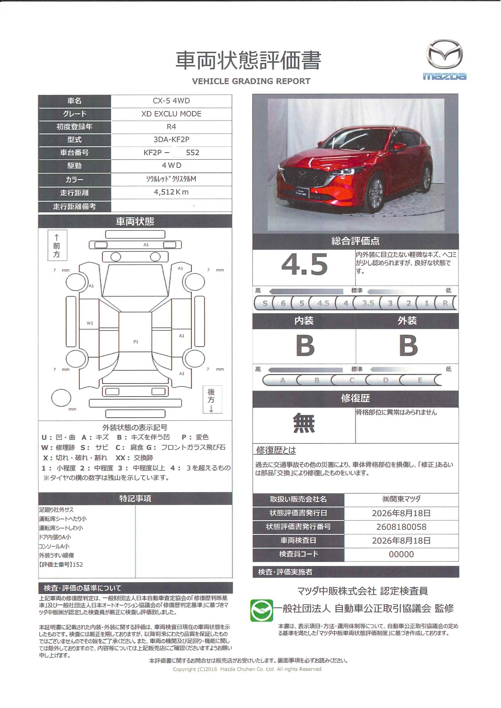 【CX-5　XD Exclusive Mode　326rh001】の車両評価書｜関東マツダ　U-CAR NET ユーカーネット