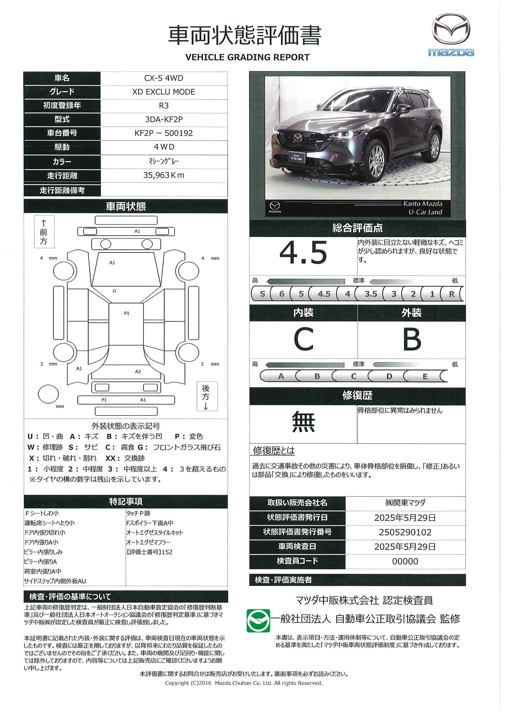 【CX-5　2.2 XD エクスクルーシブ モード ディーゼルターボ 4WD社外部品装着のため延長保証は対象外となります。　327qe009】の車両評価書｜関東マツダ　U-CAR NET ユーカーネット