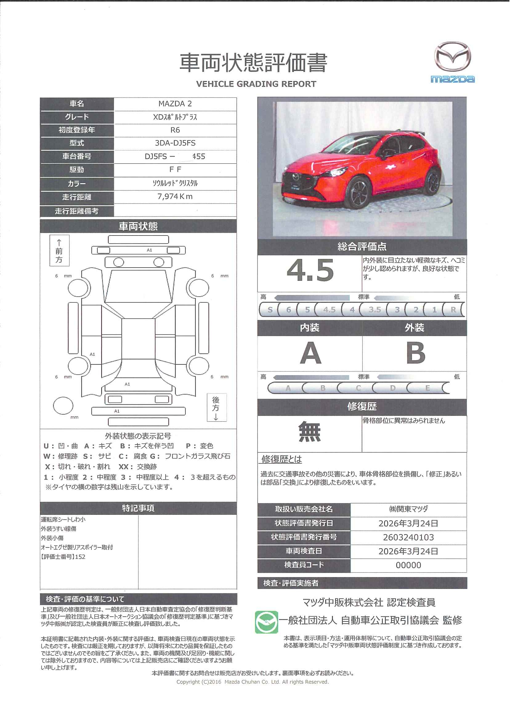 【MAZDA2　1.5 XD スポルトプラス ディーゼルターボマツダコネクトナビ 360°カメラ ETC フルセグTV  Bluetooth パワーシート シートヒーター レーンキープアシスト 車線逸脱 MRCC ALH カープレイ 6MT ワンオーナー車　327rc011】の車両評価書｜関東マツダ　U-CAR NET ユーカーネット
