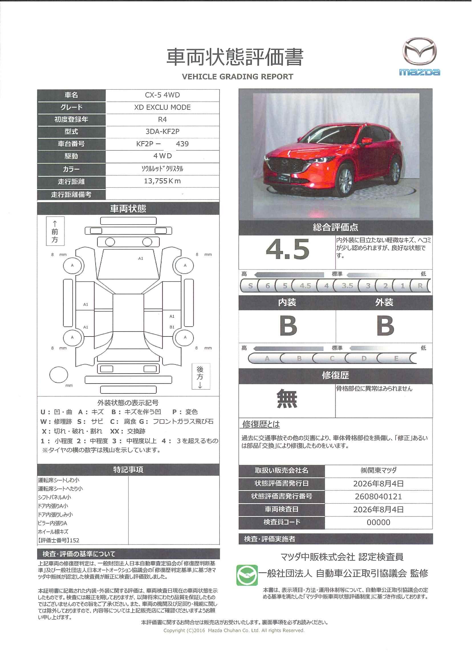 【CX-5　2.2 XD エクスクルーシブ モード ディーゼルターボ 4WDワンオーナー 禁煙車 BOSE シートベンチレーション シートヒーター マツコネナビ 360°モニター ETC MRCC BSM レーンキープアシスト　327rh001】の車両評価書｜関東マツダ　U-CAR NET ユーカーネット