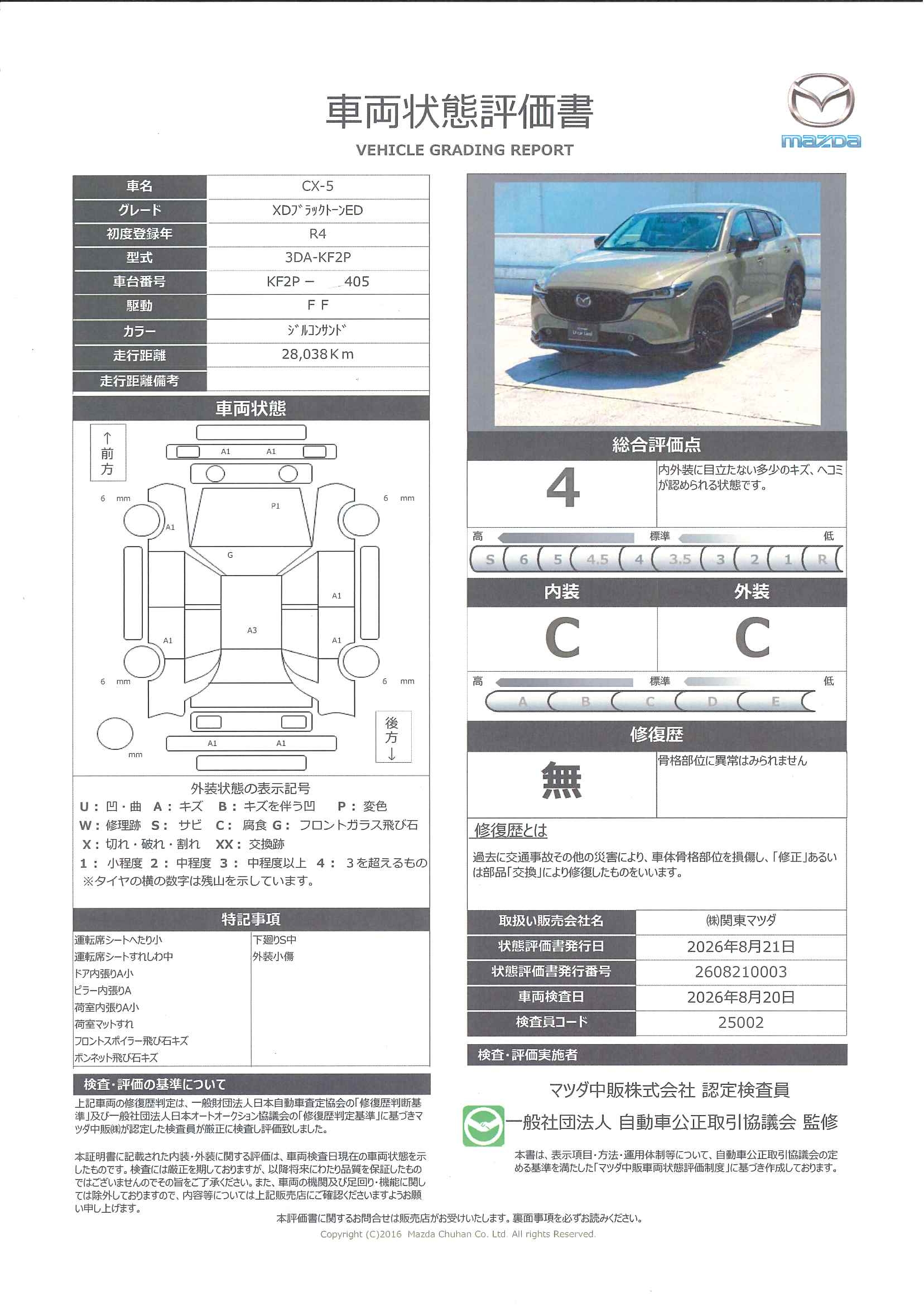 【CX-5　2.2 XD ブラックトーンエディション ディーゼルターボワンオーナー 禁煙車 シートヒーター マツコネナビ 360°モニター ETC MRCC BSM レーンキープアシスト　327rh010】の車両評価書｜関東マツダ　U-CAR NET ユーカーネット