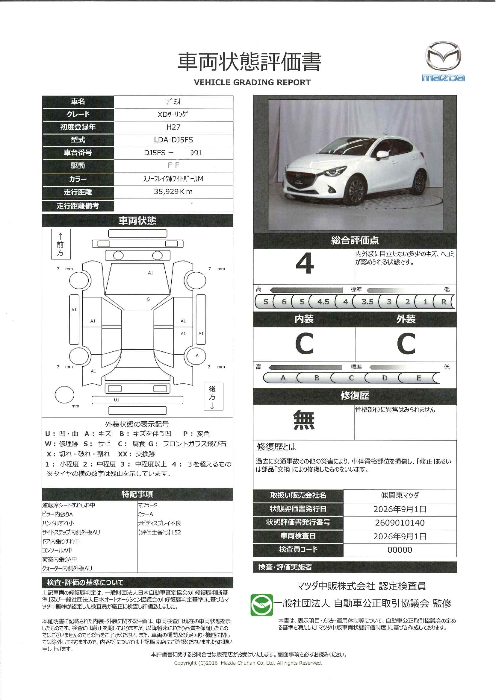 【デミオ　1.5 XD ツーリング ディーゼルターボワンオーナー 禁煙車 マツコネナビ バックカメラ ETC BSM　327rh015】の車両評価書｜関東マツダ　U-CAR NET ユーカーネット