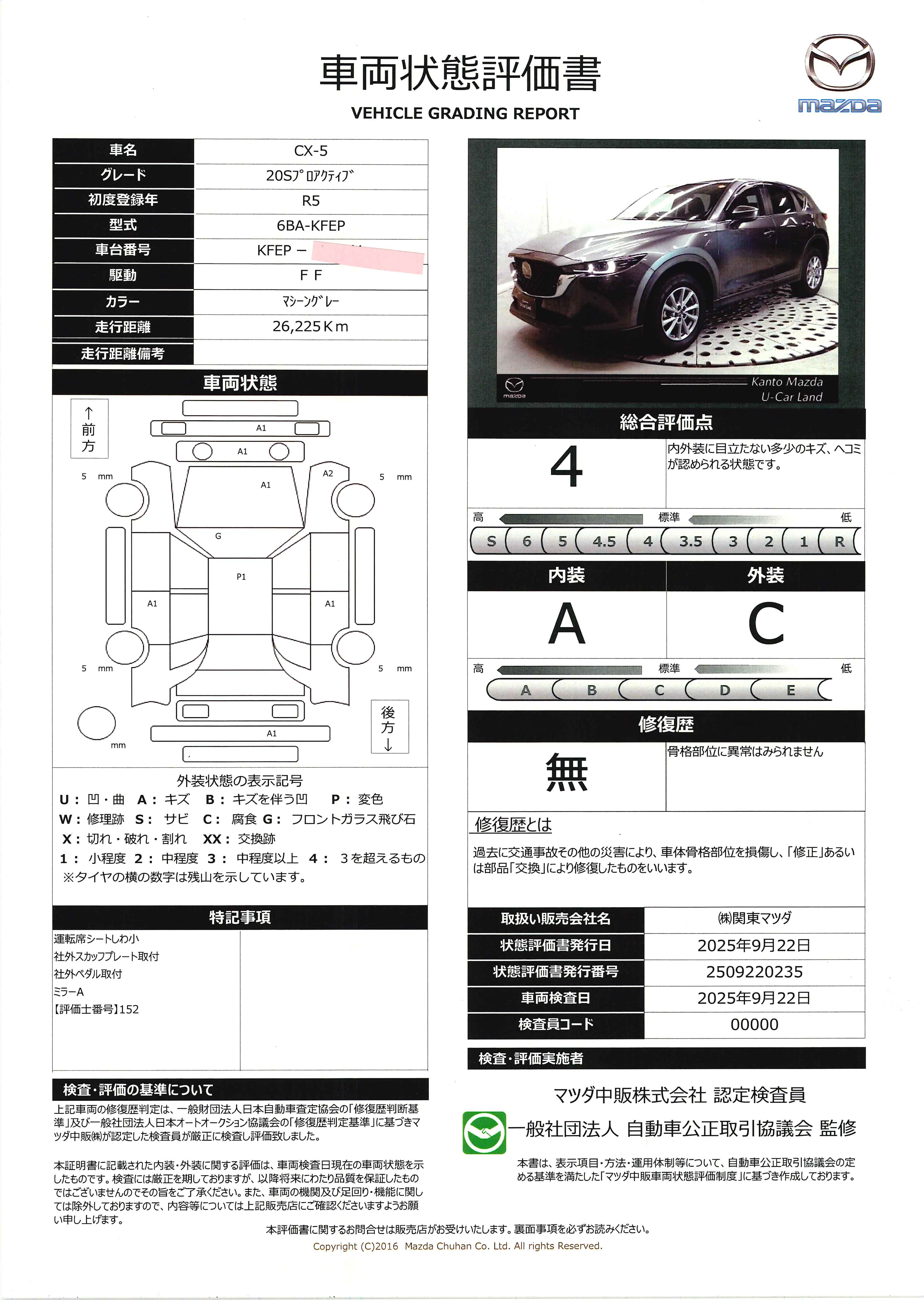 【CX-5　2.0 20S プロアクティブ　衝突軽減ブレーキ　ＡＴ誤発進抑制装置　３６０度ビューモニター　カープレー　ワイヤレス充電　ステアリングヒーター　シートヒーター　ハンズフリーパワーリフトゲート　　330qi007】の車両評価書｜関東マツダ　U-CAR NET ユーカーネット