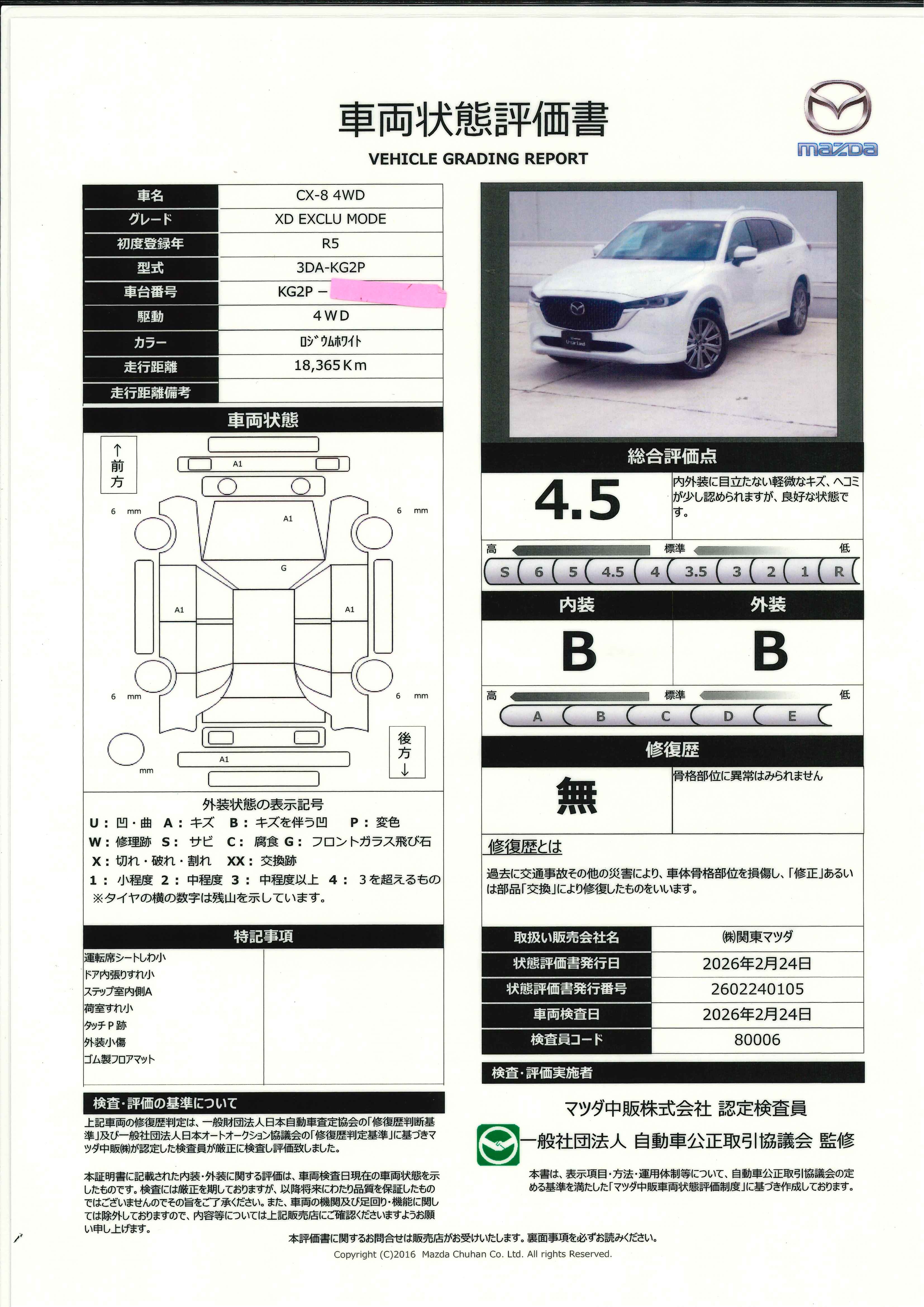 【CX-8　2.2 XD エクスクルーシブ モード ディーゼルターボ 4WD  ３６０度ビューモニター　カープレー　ＢＯＳＥスピーカー　ワイヤレス充電　ステアリングヒーター　シートヒーター　シートベンチレーション　ハンズフリーパワーリフトゲート　330rd003】の車両評価書｜関東マツダ　U-CAR NET ユーカーネット