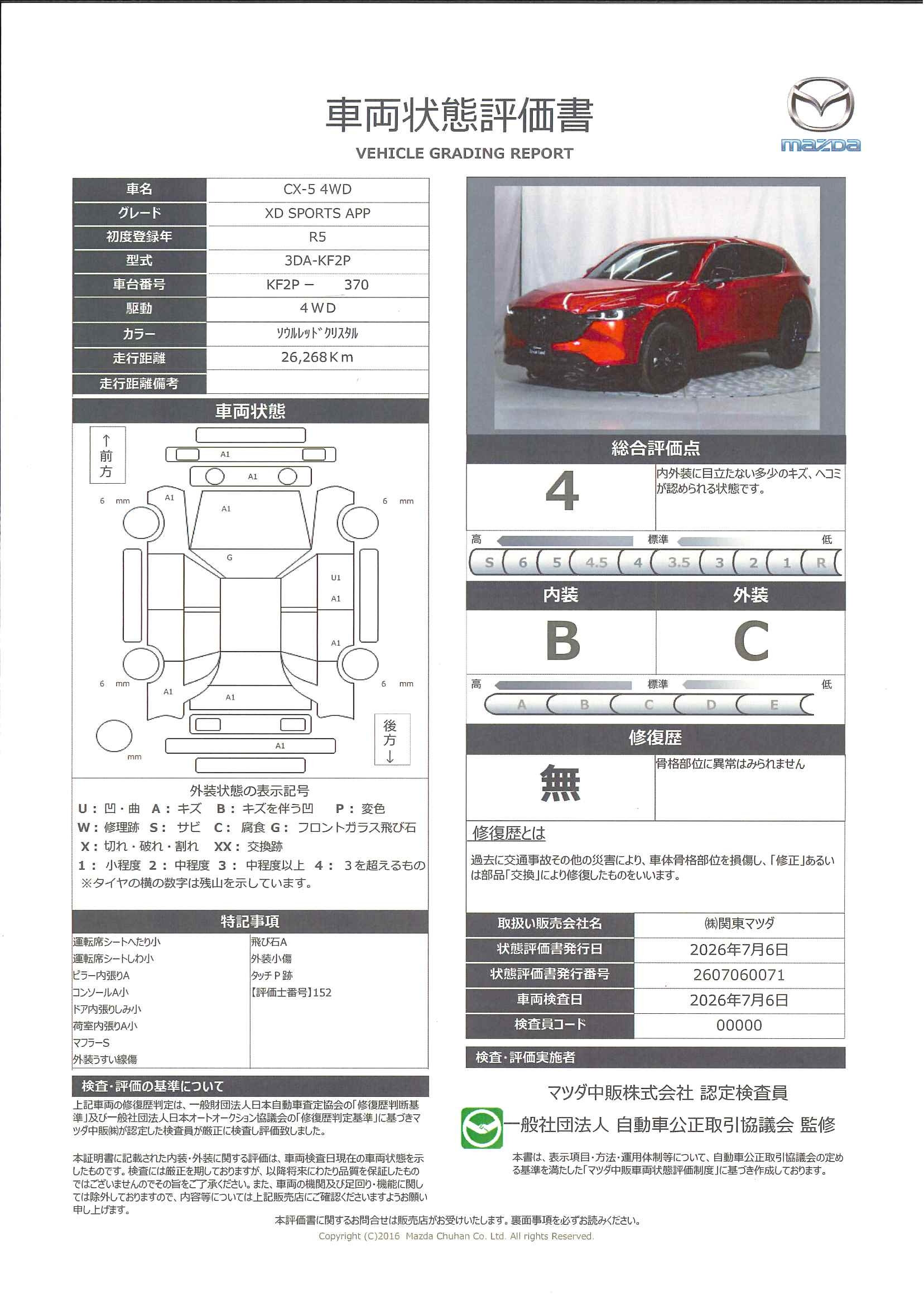 【CX-5　2.2 XD スポーツ アピアランス ディーゼルターボ 4WD  ３６０度ビューモニター　カープレー　ＢＯＳＥスピーカー　ワイヤレス充電　ステアリングヒーター　シートヒーター　シートベンチレーション　ハンズフリーパワーリフトゲート  純正２カメドライブレコーダー　330rg001】の車両評価書｜関東マツダ　U-CAR NET ユーカーネット