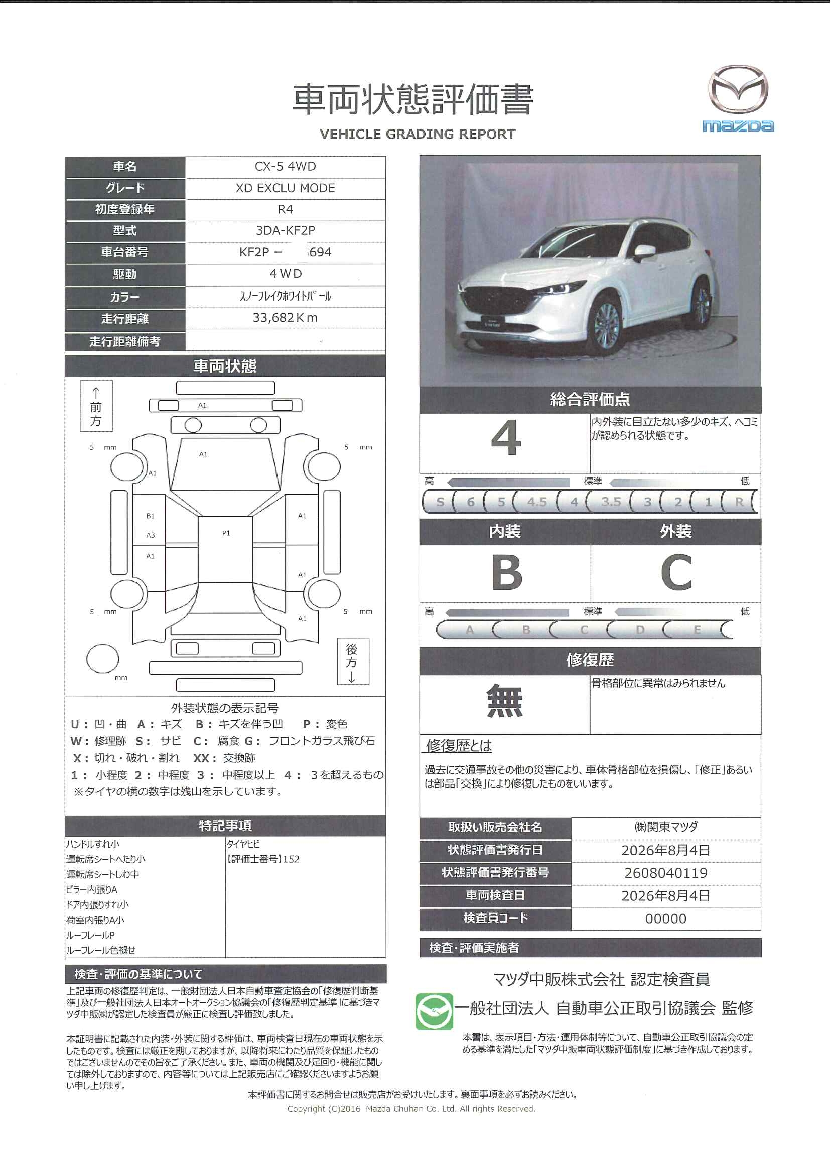 【CX-5　2.2 XD エクスクルーシブ モード ディーゼルターボ 4WD  ３６０度ビューモニター　カープレー　ＢＯＳＥスピーカー　ワイヤレス充電　ステアリングヒーター　シートヒーター　シートベンチレーション　ハンズフリーパワーリフトゲート  サンルーフ　４ＷＤ　330rh002】の車両評価書｜関東マツダ　U-CAR NET ユーカーネット