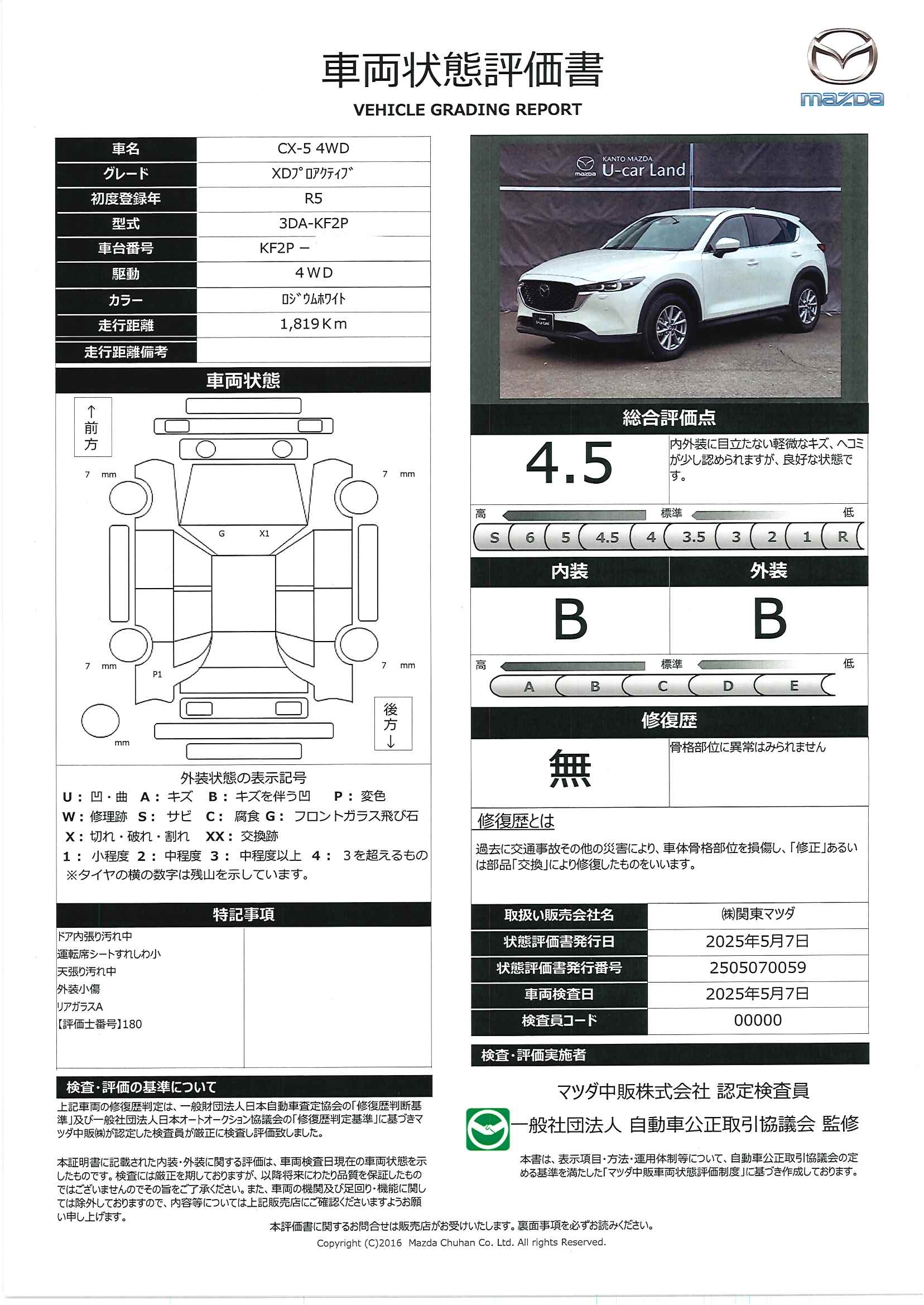 【CX-5　2.2 XD プロアクティブ ディーゼルターボ 4WD３６０°モニター　レーダークルーズ　２カメラドライブレコーダー　１６インチアルミホイール　１０．２５インチマツダコネクトナビ　運転席電動シート　前席シートヒーター　パーキングセンサー　ＧＶＣ　341qd016】の車両評価書｜関東マツダ　U-CAR NET ユーカーネット