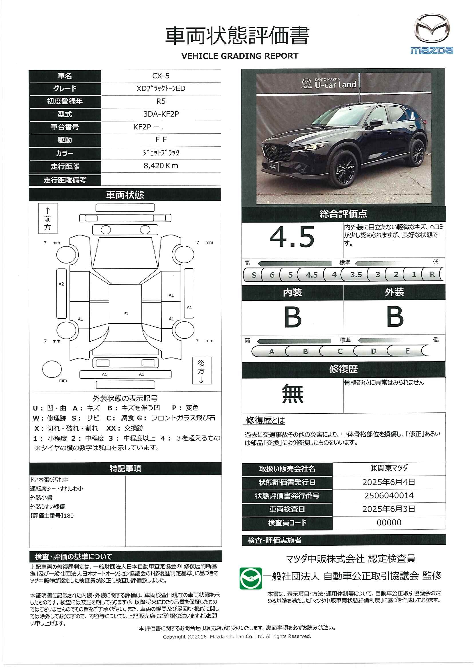 【CX-5　2.2 XD ブラックトーンエディション ディーゼルターボ２ＷＤ　３６０°モニター　レーダークルーズ　ＢＯＳＥスピーカー　２カメラドライブレコーダー　パワーリフトゲート　パーキングセンサー　ＬＥＤヘッドライト　１９インチアルミ　341qe015】の車両評価書｜関東マツダ　U-CAR NET ユーカーネット