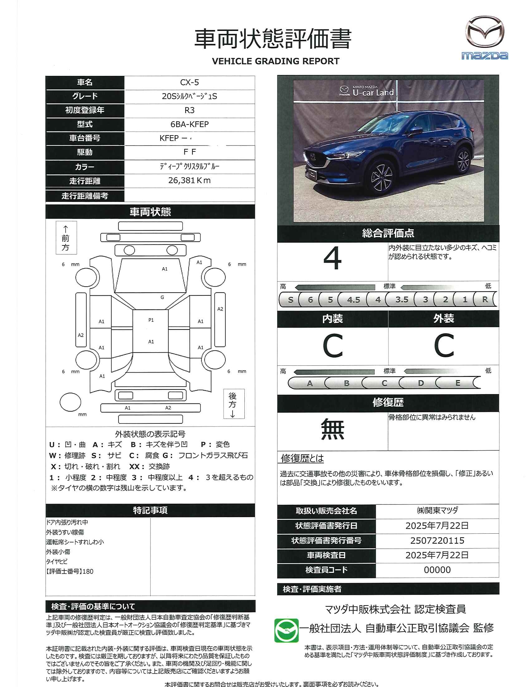 【CX-5　2.0 20S シルク ベージュ セレクション２ＷＤ　３６０°モニター　レーダークルーズ　１９インチアルミ　２カメラドライブレコーダー　運転席電動シート　前席シートヒーター　パーキングセンサー　パワーリフトゲート　341qg009】の車両評価書｜関東マツダ　U-CAR NET ユーカーネット