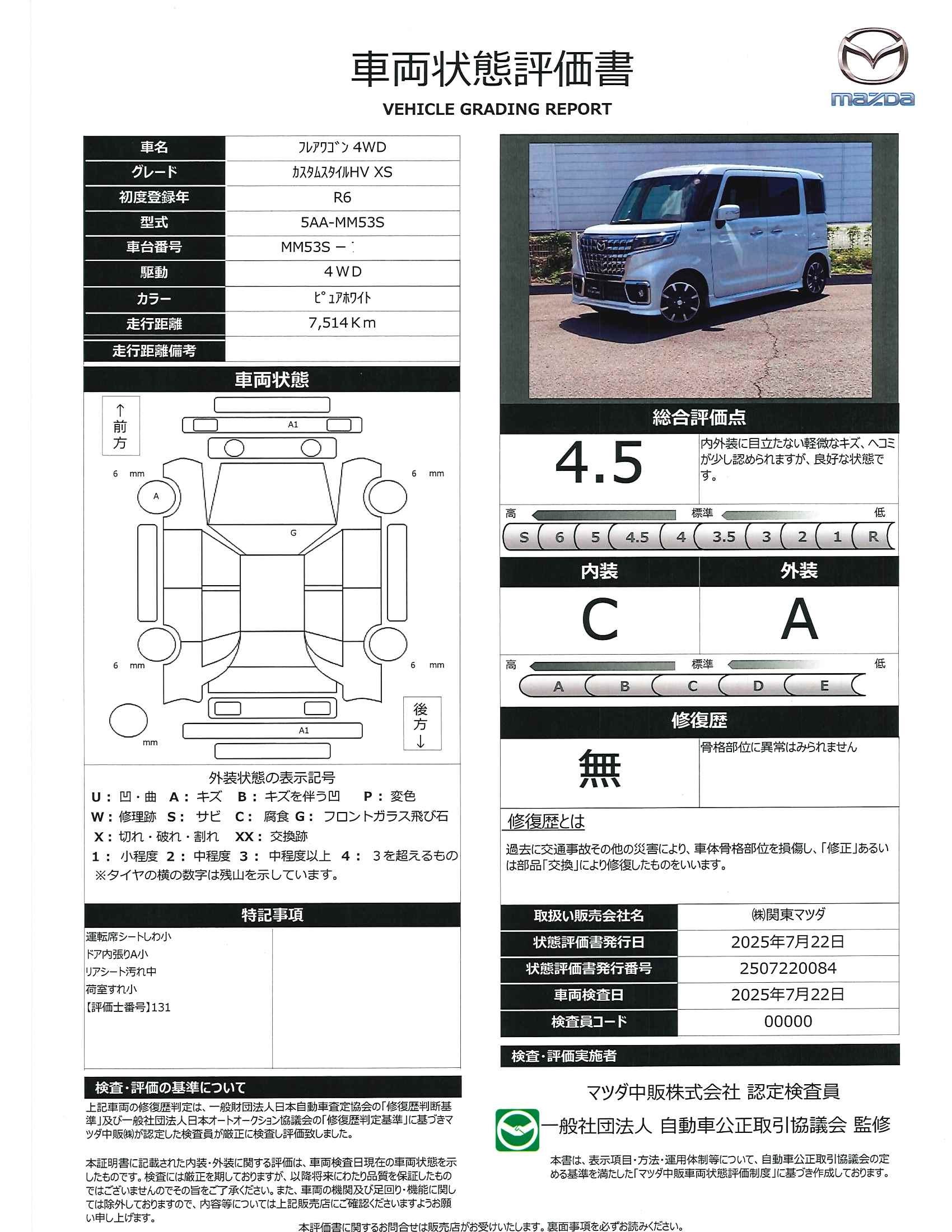【フレアワゴン　660 カスタムスタイル ハイブリッド XS 4WD当社使用車　３６０°モニター　両側電動スライドドア　レーダークルーズ　１５インチアルミホイール　純正古エアロ　ＬＥＤヘッドライト　サーキュレーター　オートエアコン　シートヒーター　サンシェード　341qg014】の車両評価書｜関東マツダ　U-CAR NET ユーカーネット