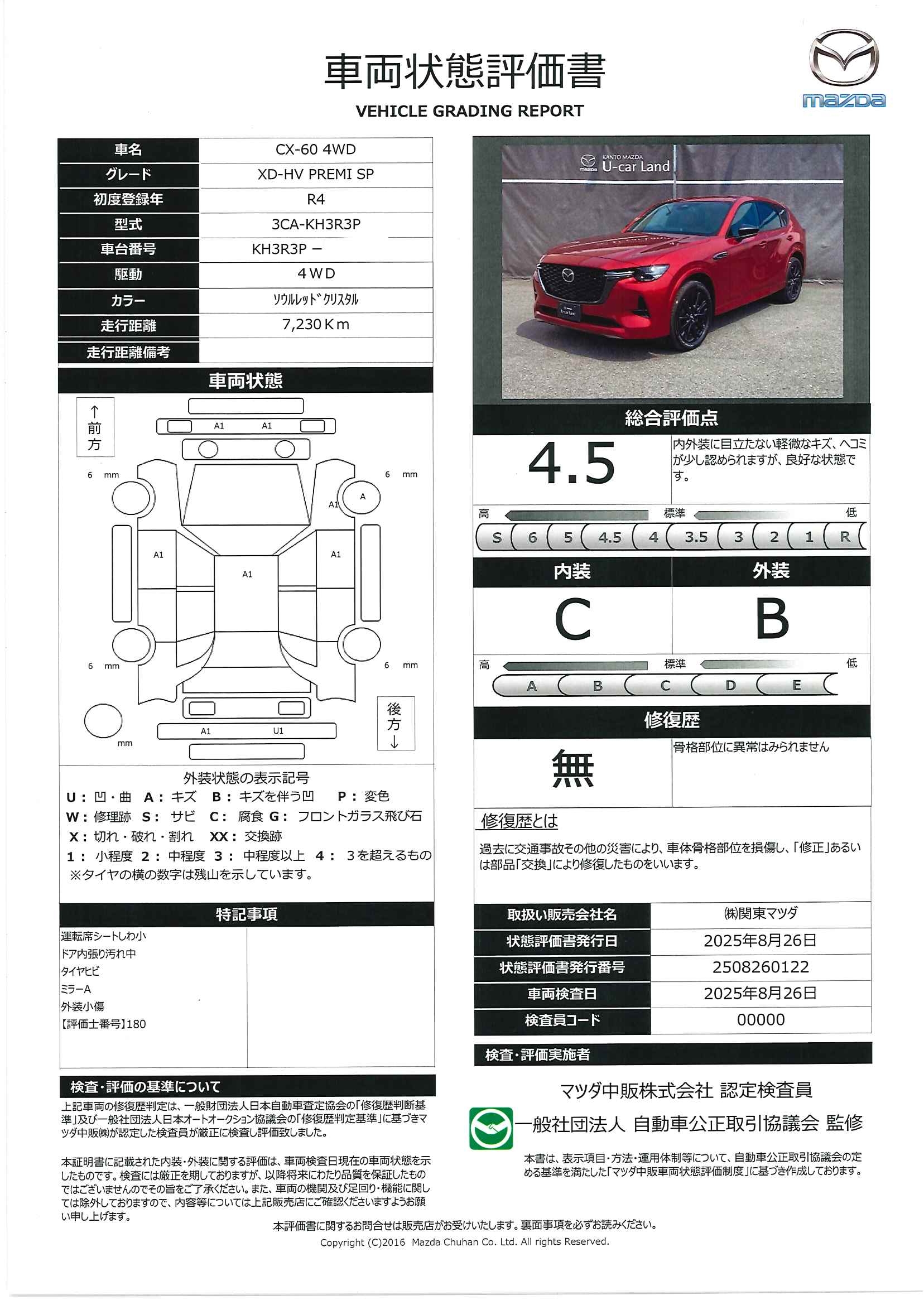 【CX-60　3.3 XDハイブリッド プレミアム スポーツ ディーゼルターボ 4WD４ＷＤ　３６０°モニター　レーダークルーズ　ＢＯＳＥスピーカー　２０インチアルミ　パノラマサンルーフ　２カメラドライブレコーダー　本革シート　電動シート　シートヒーター　ベンチレーション　パワーリフト　341qh007】の車両評価書｜関東マツダ　U-CAR NET ユーカーネット