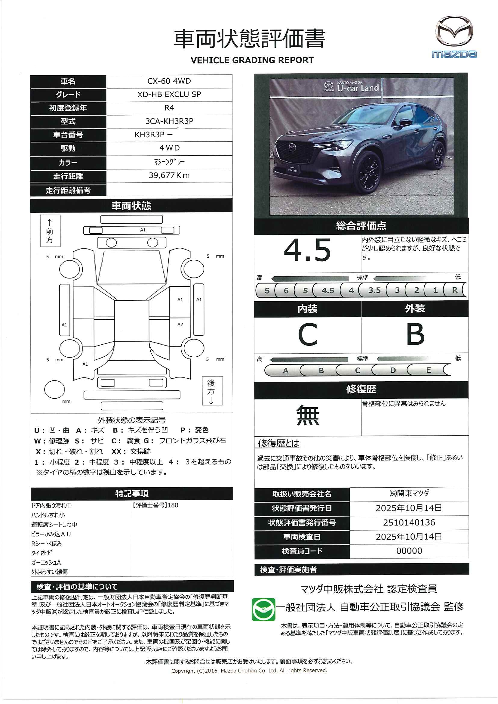 【CX-60　3.3 XDハイブリッド エクスクルーシブ スポーツ ディーゼルターボ 4WD３６０°モニター　レーダークルーズ　ＢＯＳＥスピーカー　20インチアルミ　2カメラドライブレコーダー　黒本革シート　ベンチレーション　パーキングセンサー　パワーリフトゲート　341qj002】の車両評価書｜関東マツダ　U-CAR NET ユーカーネット