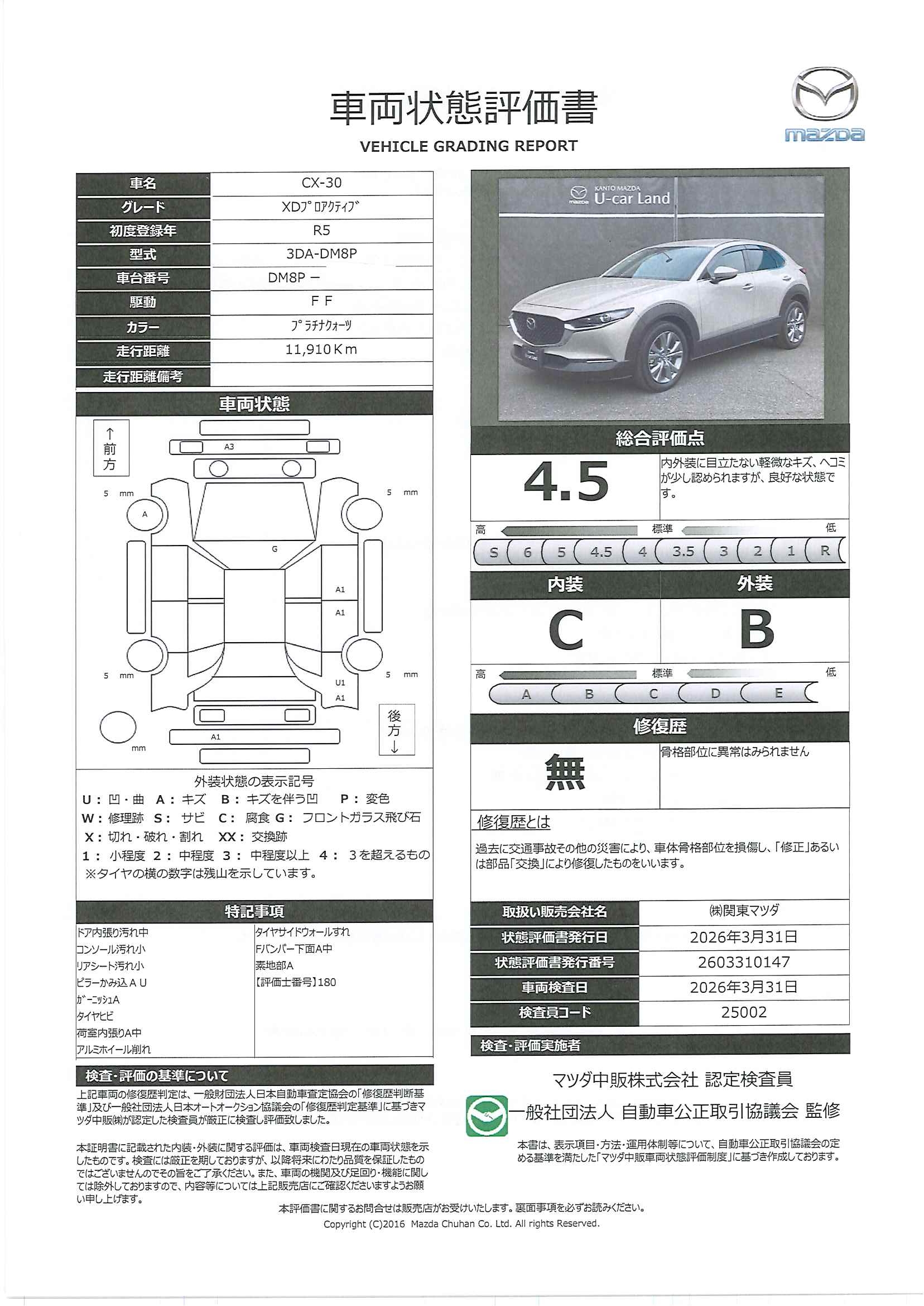 【CX-30　1.8 XD プロアクティブ ディーゼルターボ２ＷＤ　３６０°ミニター　レーダークルーズ　１８インチアルミ　２カメラドライブレコーダー　ＣＤＤＶＤＴＶ　アクリルバイザー　パーキングセンサー　パワーリフトゲート　パドルシフト　341rc024】の車両評価書｜関東マツダ　U-CAR NET ユーカーネット