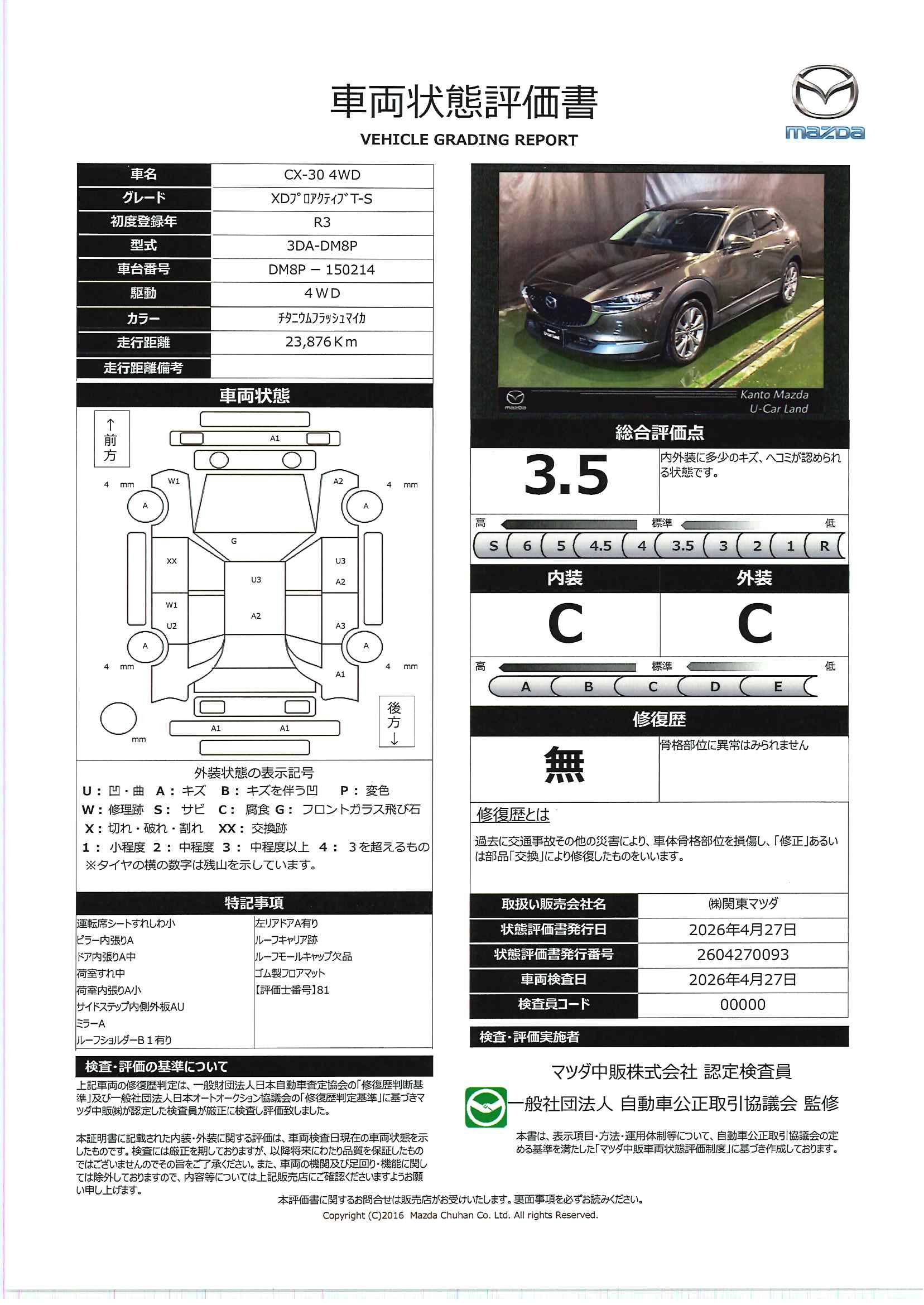 【CX-30　1.8 XD プロアクティブ ツーリングセレクション ディーゼルターボ 4WD ３６０°モニター　レーダークルーズ　１８インチアルミ　２カメラドライブレコーダー　運転席電動シート　シートヒーター　ＣＤＤＶＤＴＶ　パーキングセンサー　パワーリフトゲート　ウインカーミラー　341re001】の車両評価書｜関東マツダ　U-CAR NET ユーカーネット