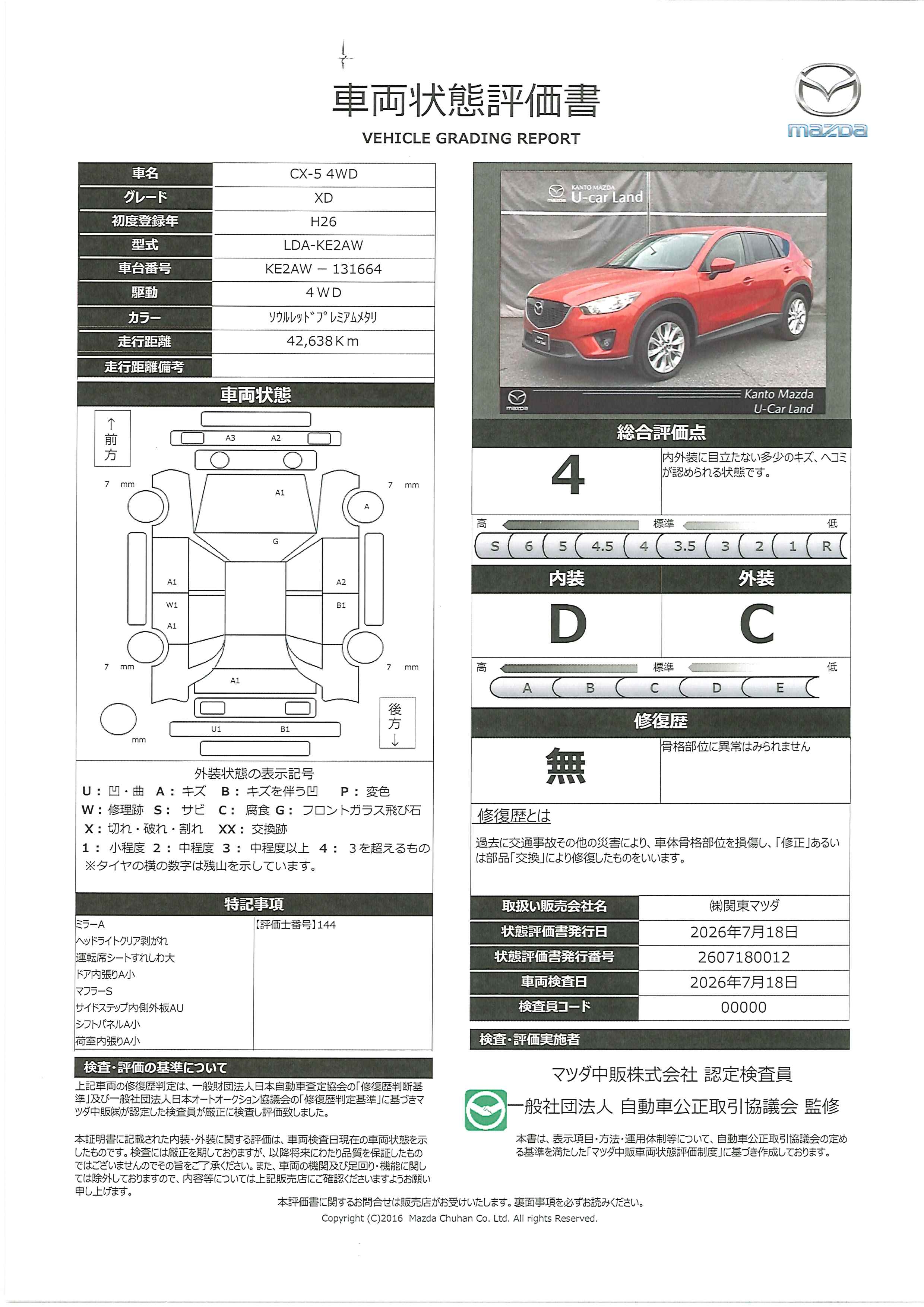 【CX-5　2.2 XD ディーゼルターボ 4WDＨＩＤライト　フォグランプ　クルーズコントロール　１９インチアルミ　パイオニア地デジ付きＣＤＤＶＤメモリーナビ　バックカメラ　ＢＯＳＥスピーカー　社外２カメラドライブレコーダー　ウインカーミラー　341rg016】の車両評価書｜関東マツダ　U-CAR NET ユーカーネット