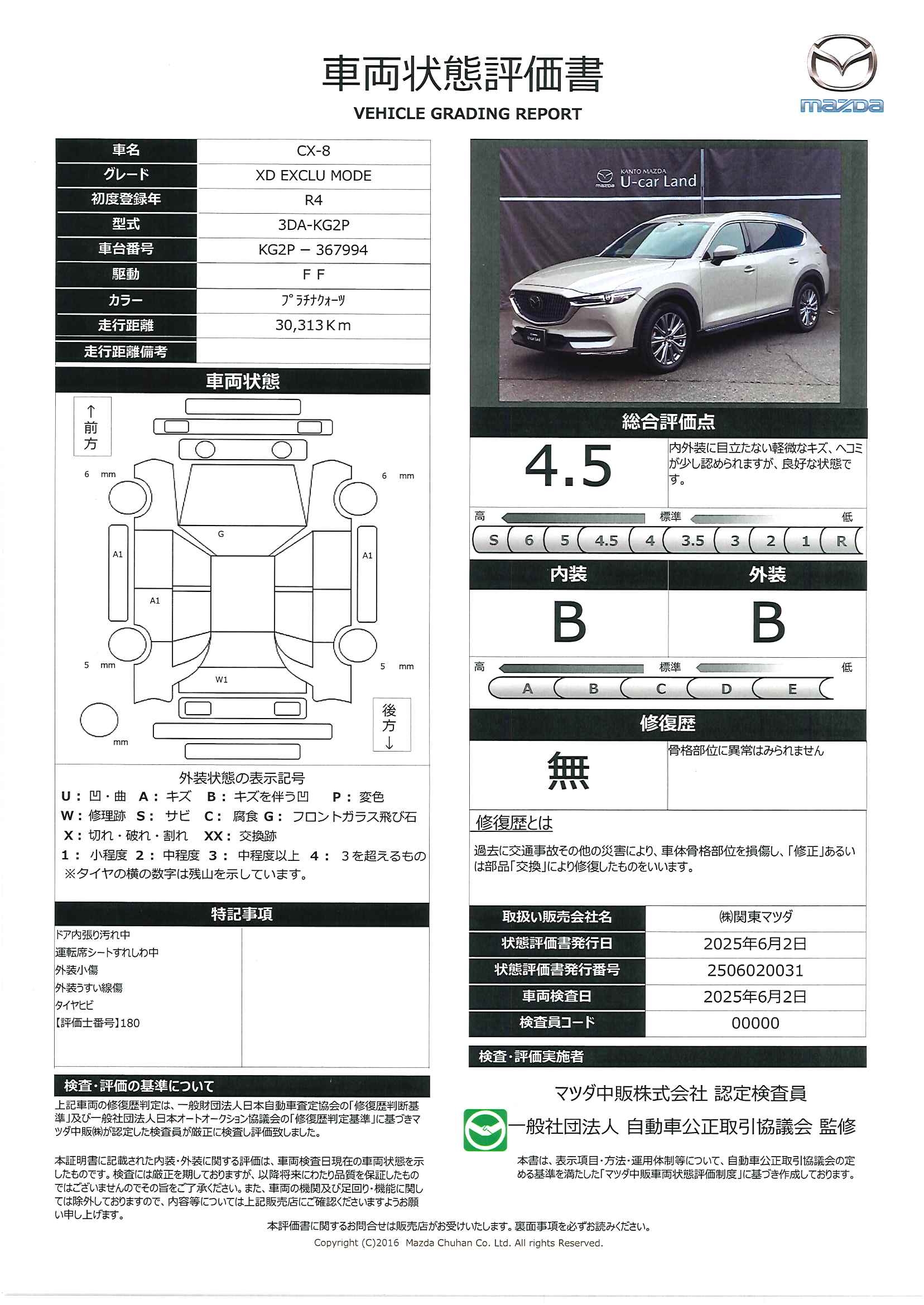 【CX-8　2.2 XD エクスクルーシブ モード ディーゼルターボ　343qe013】の車両評価書｜関東マツダ　U-CAR NET ユーカーネット