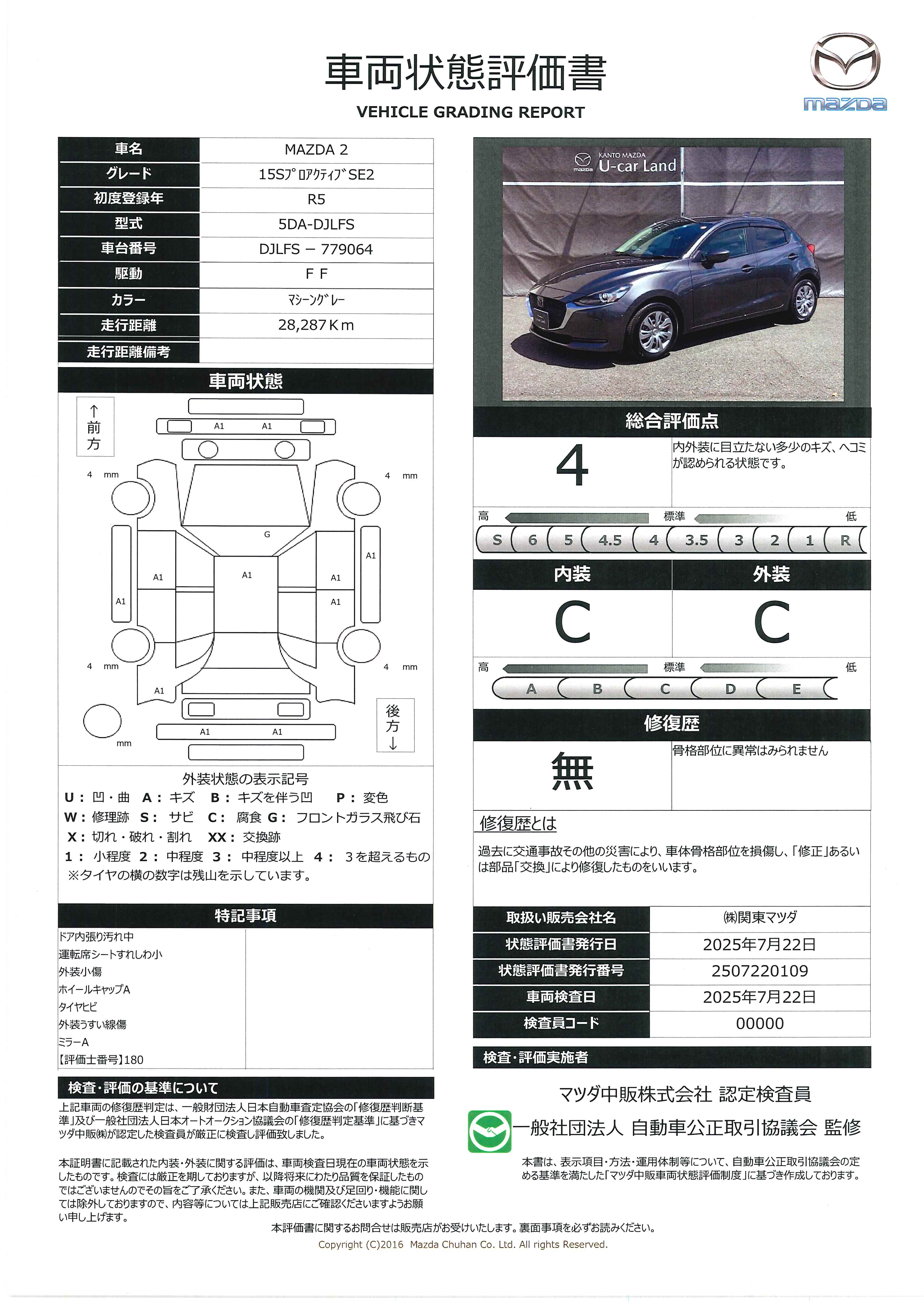 【MAZDA2　1.5 15S プロアクティブ スマート エディショマツダコネクトナビ　３６０°ビューモニター　純正１５インチアルミ　シートヒーター　　343qg007】の車両評価書｜関東マツダ　U-CAR NET ユーカーネット