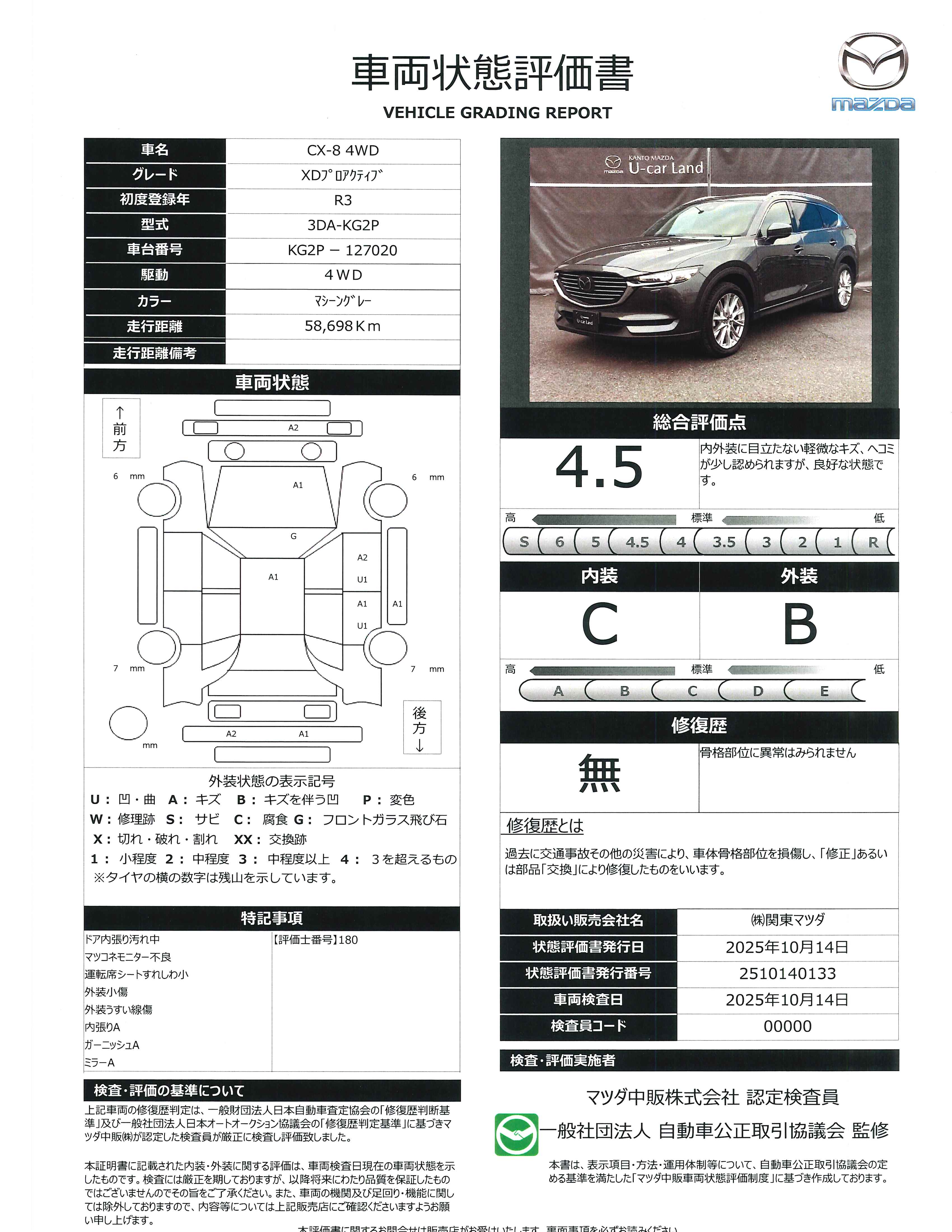 【CX-8　2.2 XD プロアクティブ ディーゼルターボ 4WDマツダコネクトナビ　ＣＤ/ＤＶＤプレーヤー+地上デジタルＴＶチューナー(フルセグ)　ＢＯＳＥサウンドシステム(AUDIOPILOT2＋Centerpoint２)＋１０スピーカー　ルーフレール＋パワーリ　343qj005】の車両評価書｜関東マツダ　U-CAR NET ユーカーネット