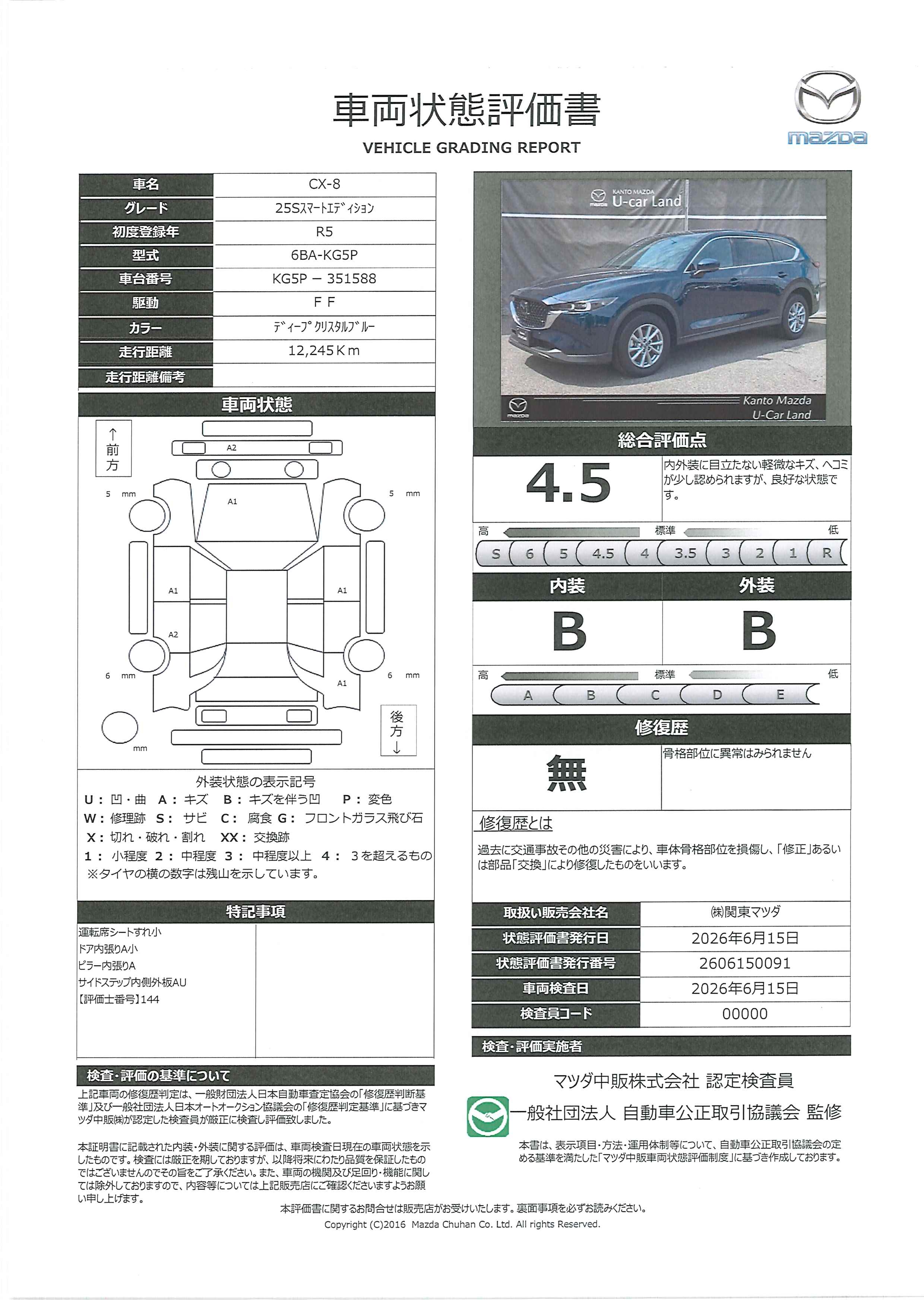 【CX-8　2.5 25S スマート エディションワンオーナー　アダプティブＬＥＤヘッドライト　Ｂｌｕｅｔｏｏｔｈ　ＥＴＣ　２カメラドライブレコーダー　ＡＴ誤発進抑制制御　３６０度ビューモニター　運転席・助手席シートヒーター　　343rf007】の車両評価書｜関東マツダ　U-CAR NET ユーカーネット
