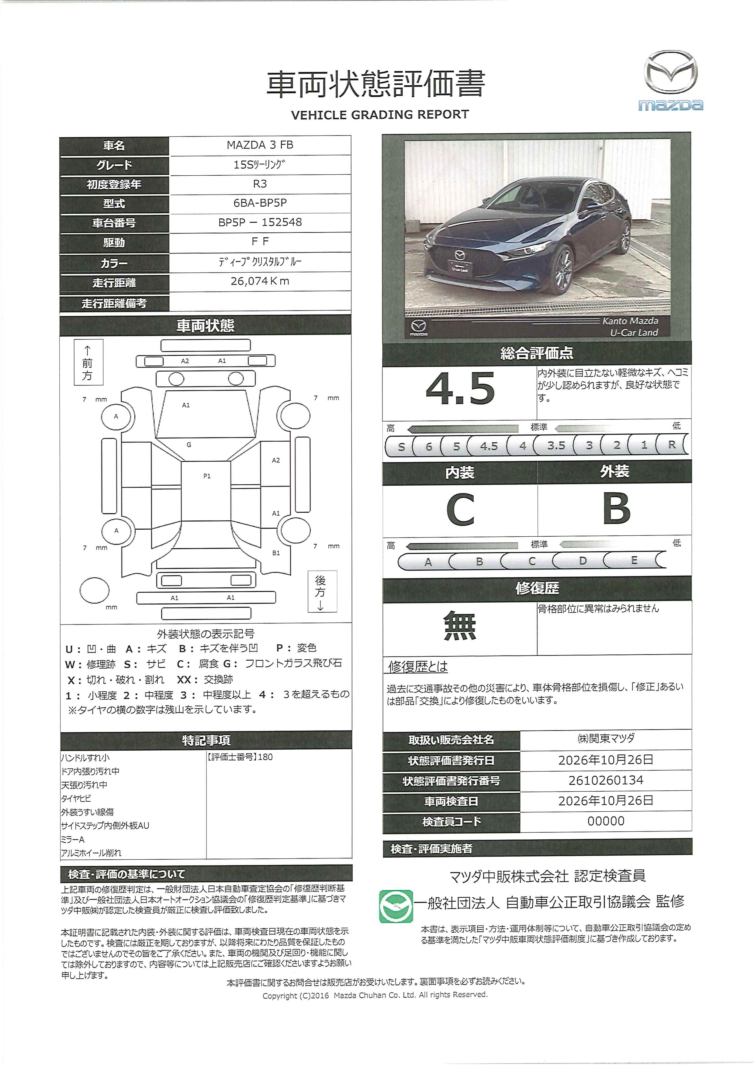 【MAZDA3ファストバック　1.5 15S ツーリング当社下取りワンオーナー　360度モニター　レーダークルーズコントロール　交通標識認識（TSR）　AT誤発進抑制制御　　343rj022】の車両評価書｜関東マツダ　U-CAR NET ユーカーネット