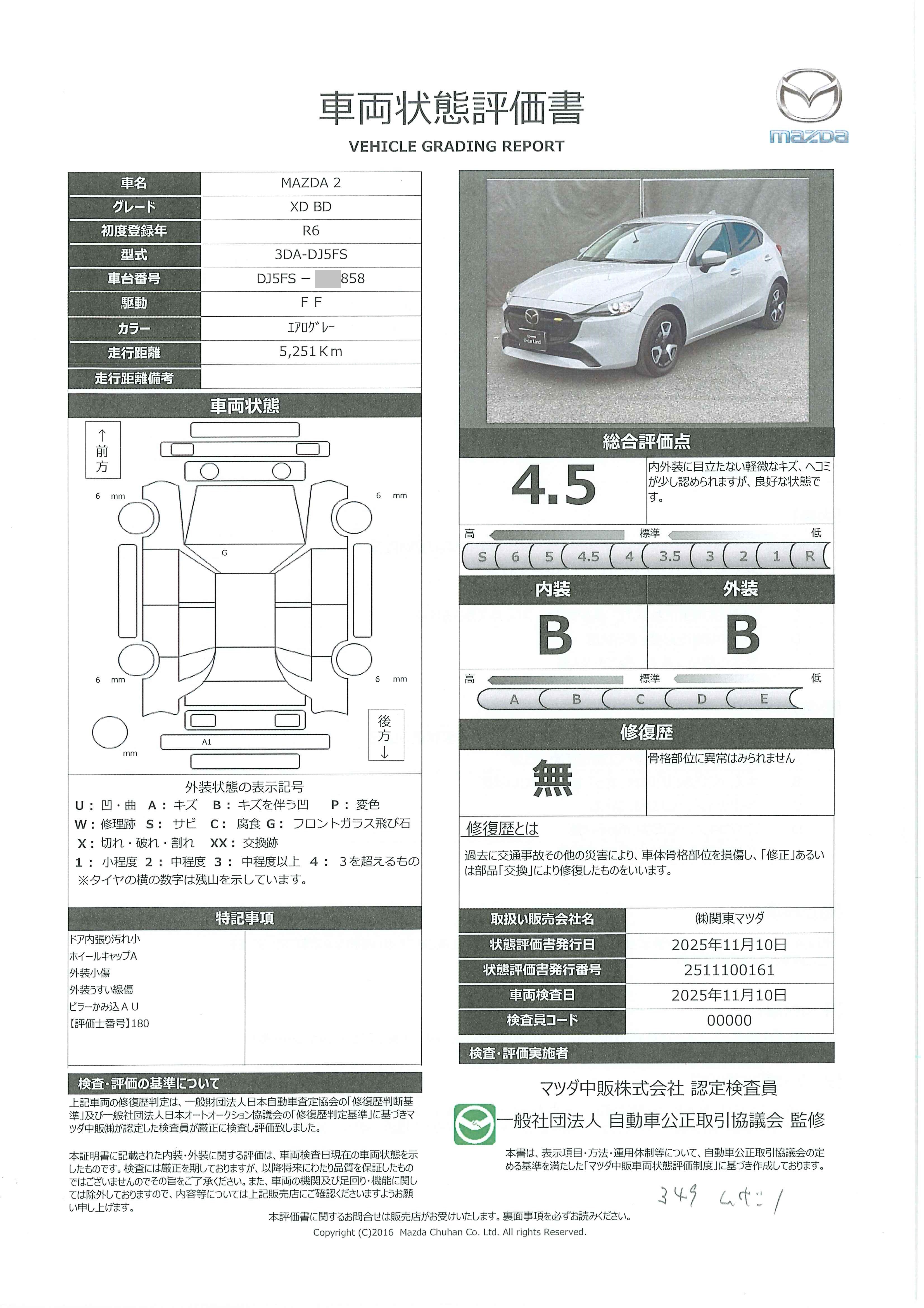 【MAZDA2　1.5 XD BD ディーゼルターボ元整備代車　ETC　シートヒーター　360°ビューモニター　アクティブドライビングディスプレイ　マツダコネクトナビ　349qk035】の車両評価書｜関東マツダ　U-CAR NET ユーカーネット