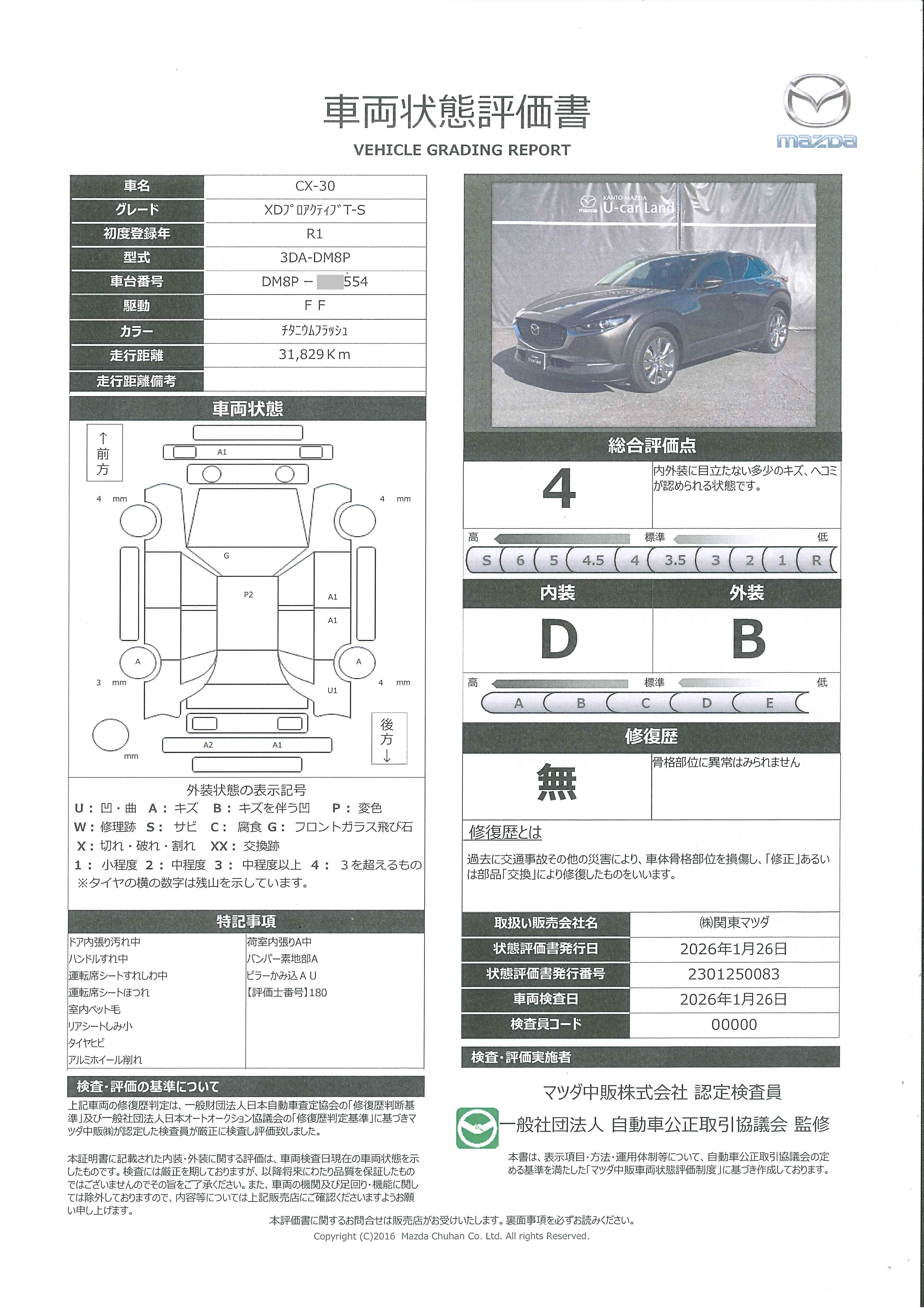【CX-30　1.8 XD プロアクティブ ツーリングセレクション ディーゼルターボ　349ra002】の車両評価書｜関東マツダ　U-CAR NET ユーカーネット