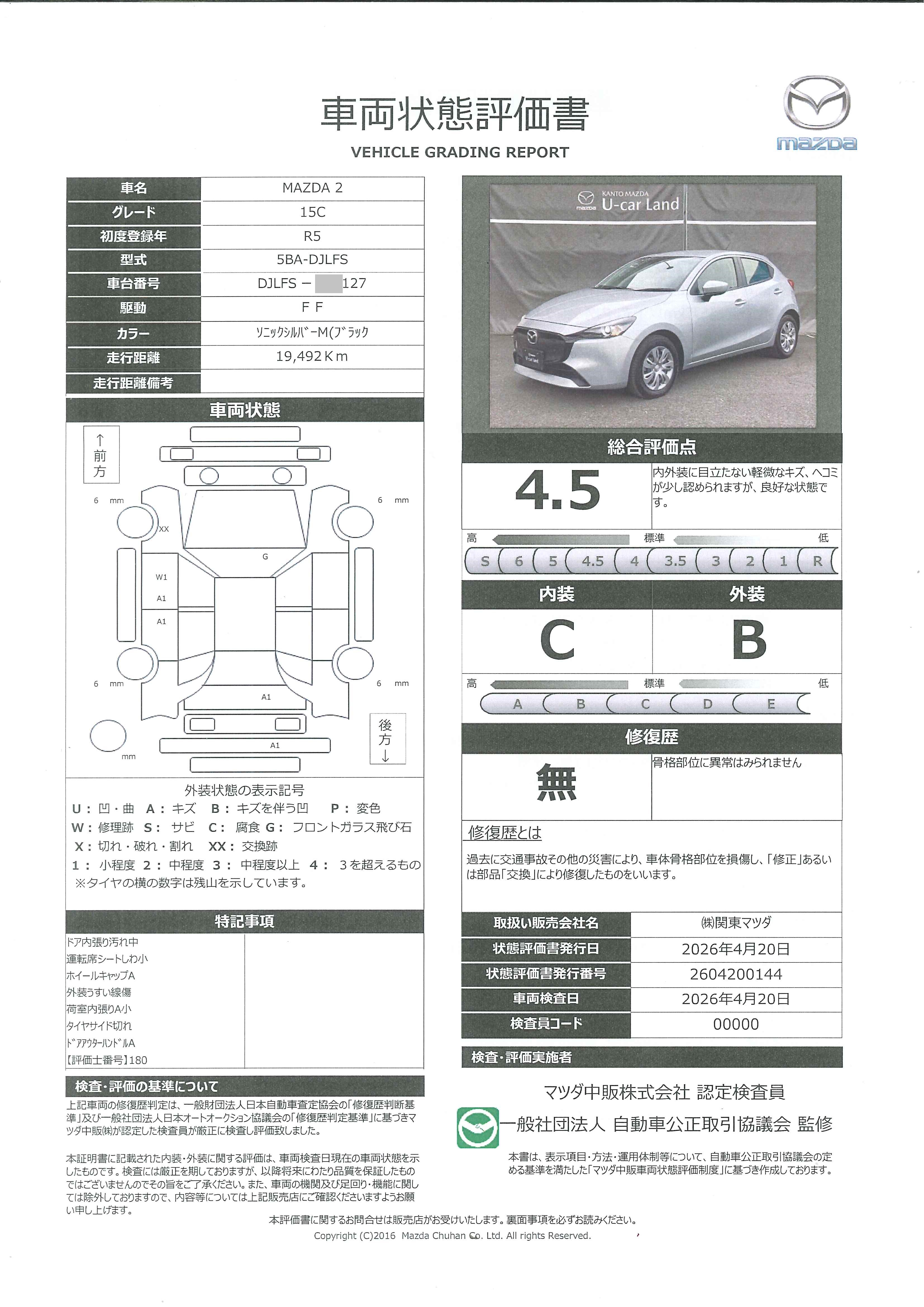 【MAZDA2　1.5 15C　ETC　液晶セグメントオーディオFM/AM　オートライト　ハイビームコントロールシステム　4スピーカー　MTモード付AT　LEDヘッドライト　ワンオーナー　349rd004】の車両評価書｜関東マツダ　U-CAR NET ユーカーネット