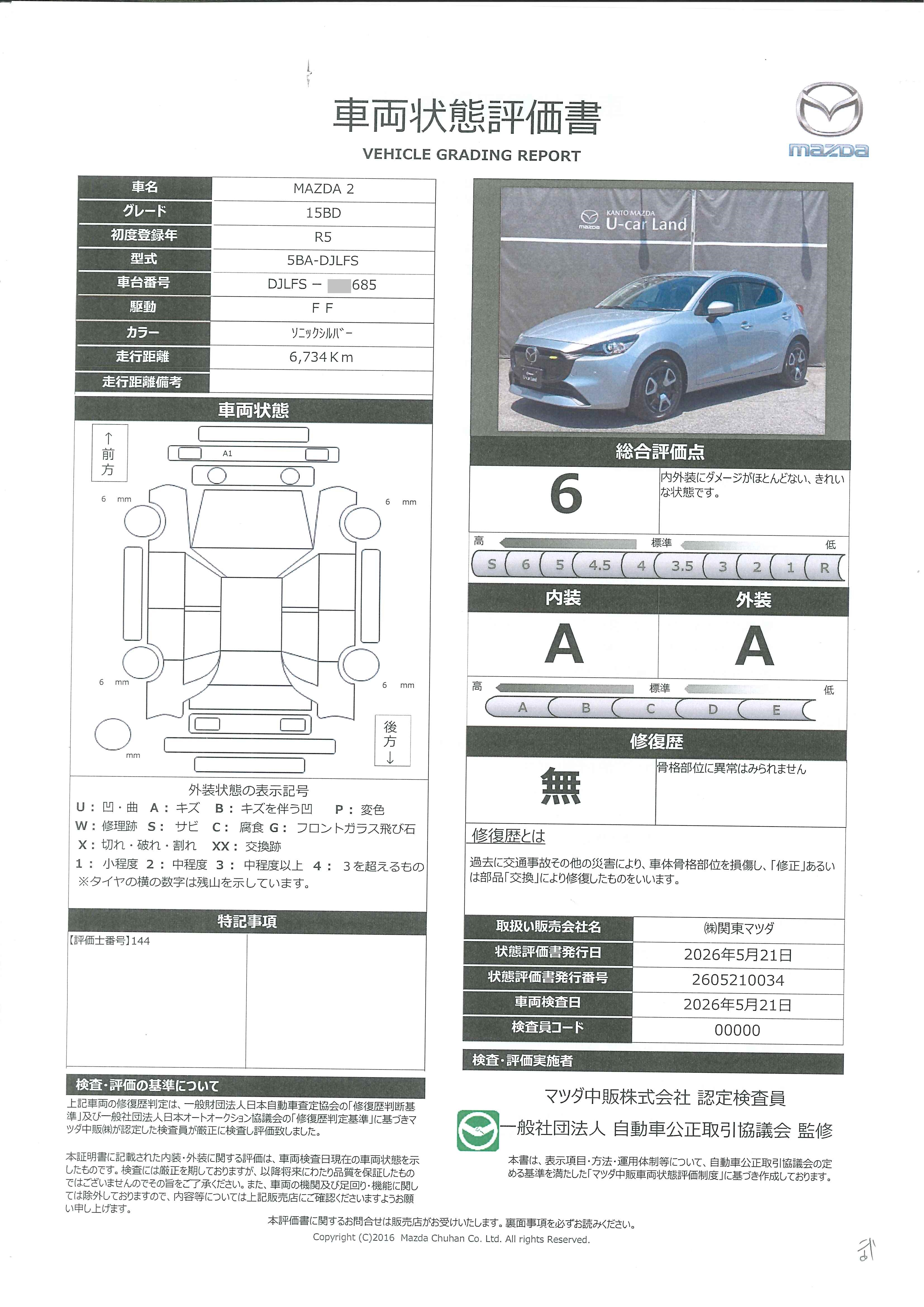 【MAZDA2　1.5 15BD360°ビューモニター　マツダコネクトナビ　ETC2.0　アダプティブレーダークルーズコントロール　純正2カメラドライブレコーダー　349re004】の車両評価書｜関東マツダ　U-CAR NET ユーカーネット