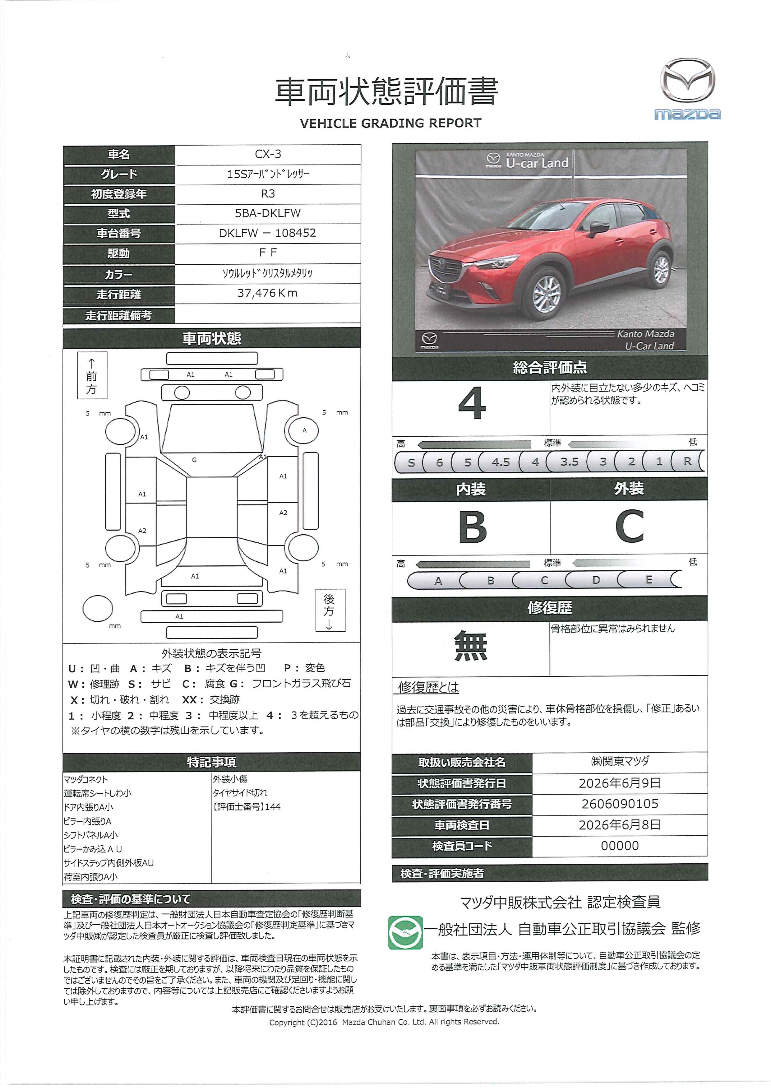 【CX-3　1.5 15Sアーバンドレッサー白シート　LEDヘッドライト　360°ビューモニター　ETC　シートヒーター　マツダレーダークルーズコントロール　ドライブレコーダー　349rf001】の車両評価書｜関東マツダ　U-CAR NET ユーカーネット