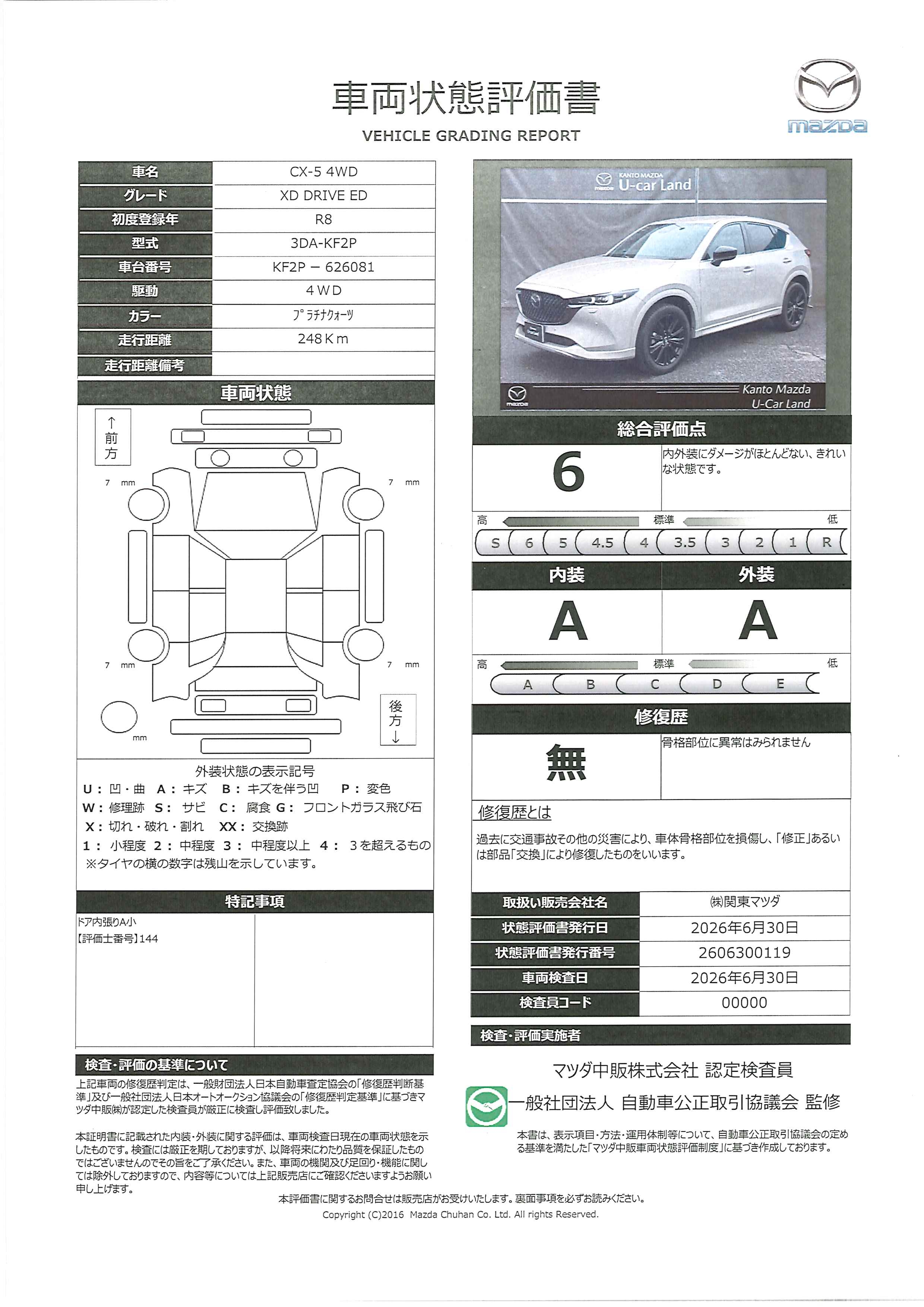 【CX-5　2.2 XD ドライブ エディション ディーゼルターボ 4WD　349rf005】の車両評価書｜関東マツダ　U-CAR NET ユーカーネット
