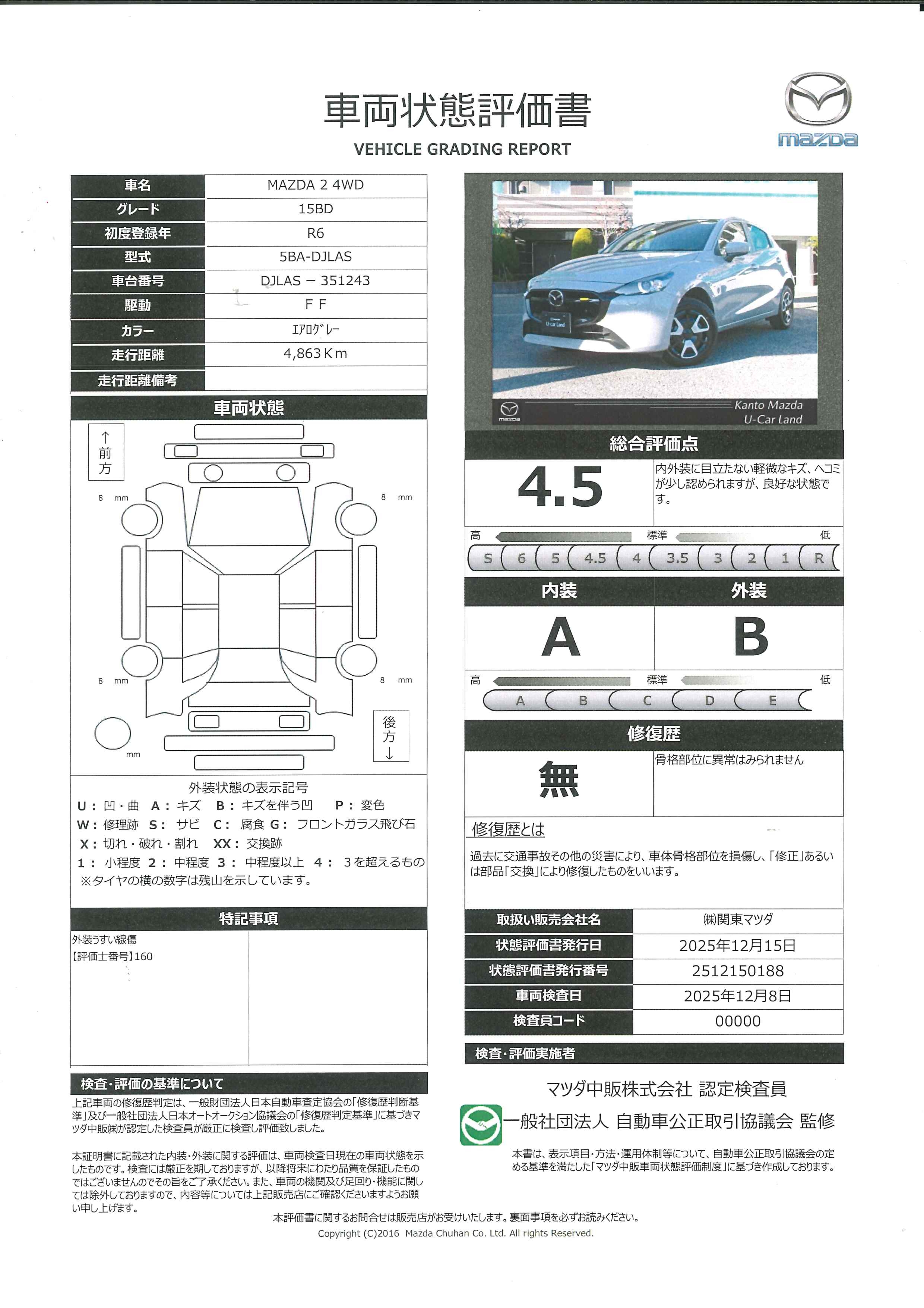 【MAZDA2　1.5 15BD 4WD当社元社用車　３６０°ビューモニター　８．８インチセンターディスプレイ　前後ＡＴ誤発進抑制　レーンキープアシスト　ＥＴＣ　アップルカープレイ　アンドロイドオート　363ql002】の車両評価書｜関東マツダ　U-CAR NET ユーカーネット