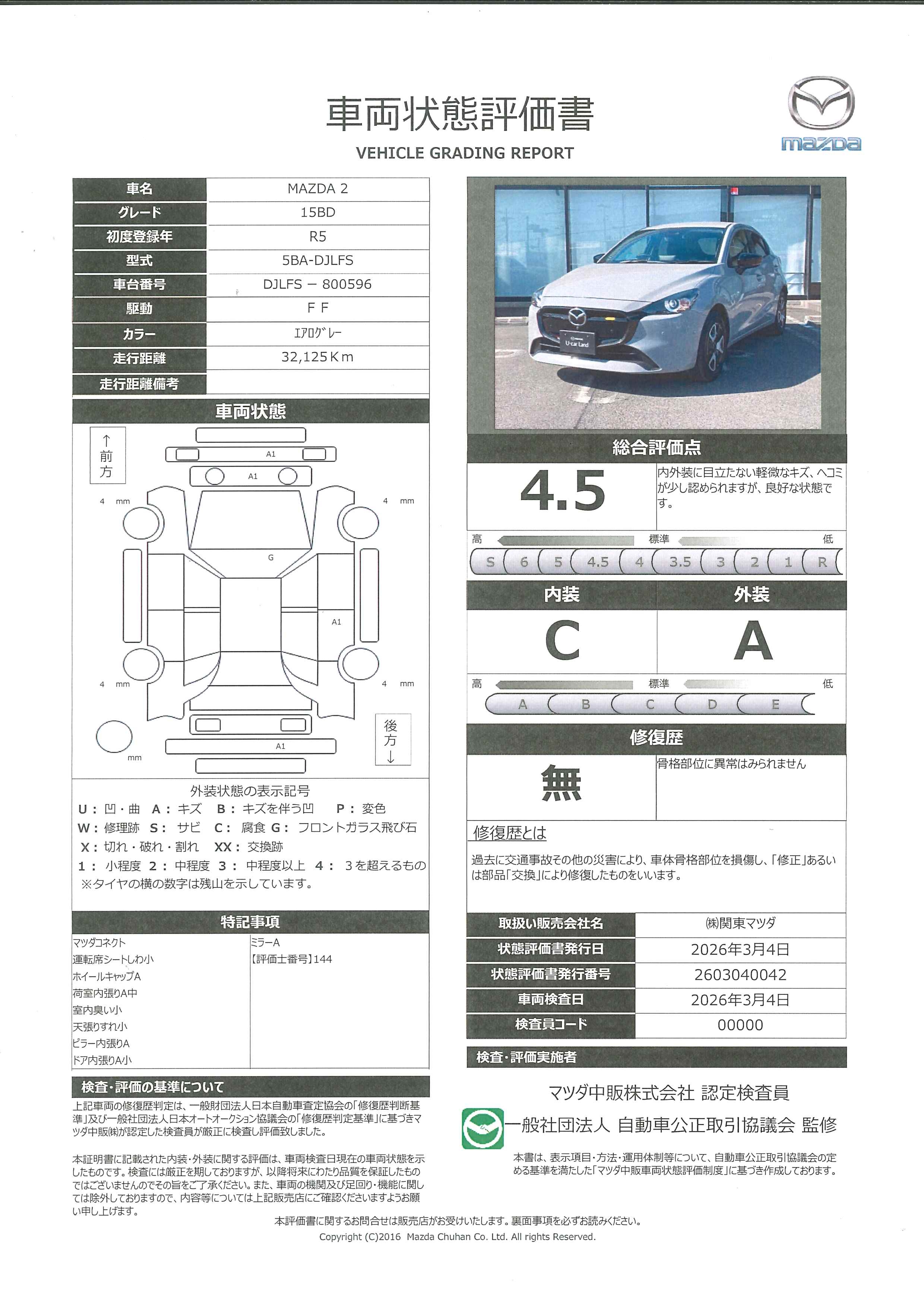 【MAZDA2　1.5 15BD当社下取　ワンオーナー　３６０°ビューモニター　８インチセンターディスプレイ　アップルカープレイ　アンドロイドオート　363rb024】の車両評価書｜関東マツダ　U-CAR NET ユーカーネット