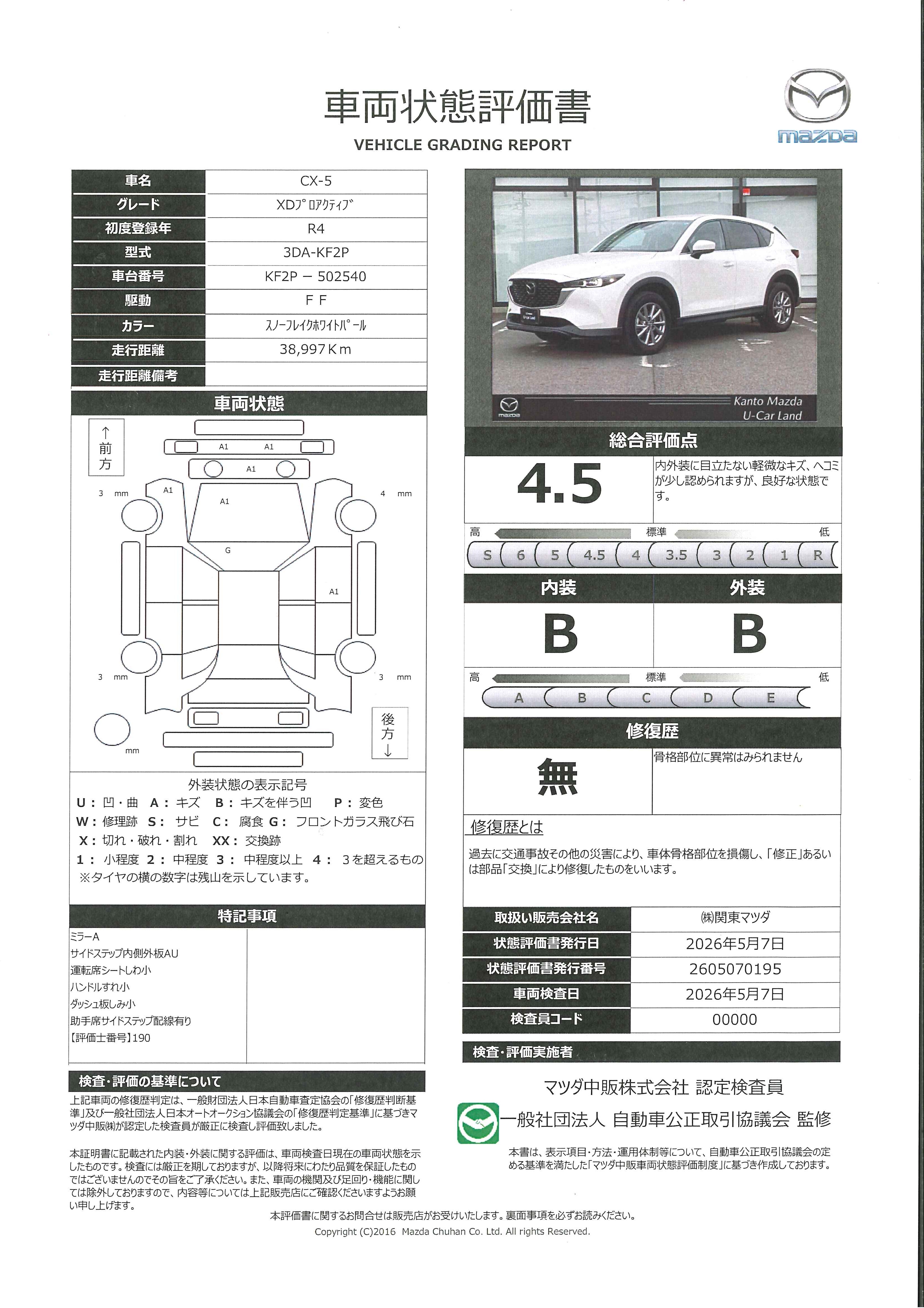 【CX-5　2.2 XD プロアクティブ ディーゼルターボ当社下取り　ワンオーナー　３６０°ビューモニター　全車速追従機能付きレーダークルーズ　アップルカープレイ　アンドロイドオート　363rd016】の車両評価書｜関東マツダ　U-CAR NET ユーカーネット