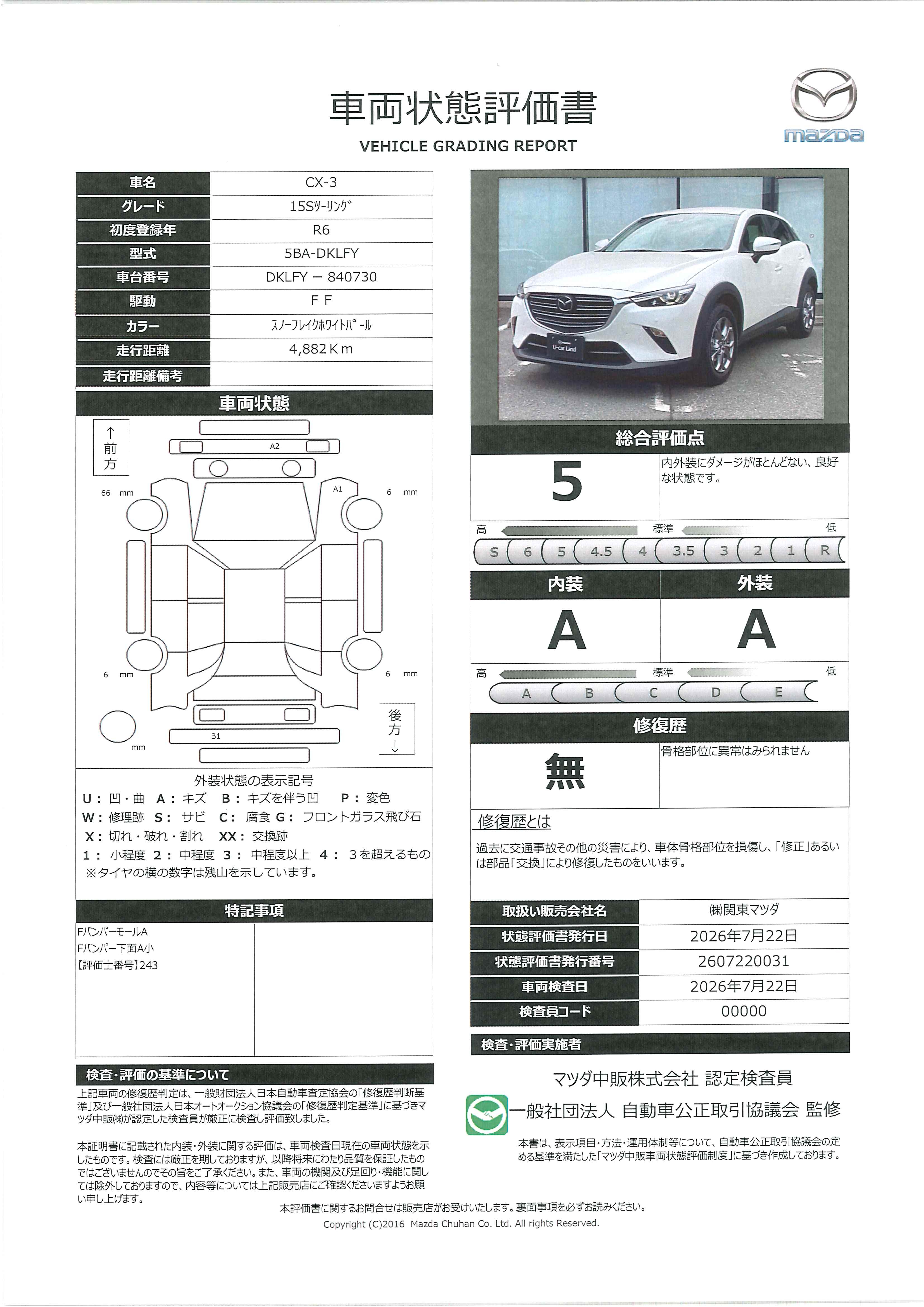 【CX-3　1.5 15S ツーリング当社下取り　ワンオーナー　３６０°ビューモニター　全車速追従機能付きレーダークルーズ　８．８インチセンターディスプレイ　アップルカープレイ　アンドロイドオート　363rg016】の車両評価書｜関東マツダ　U-CAR NET ユーカーネット