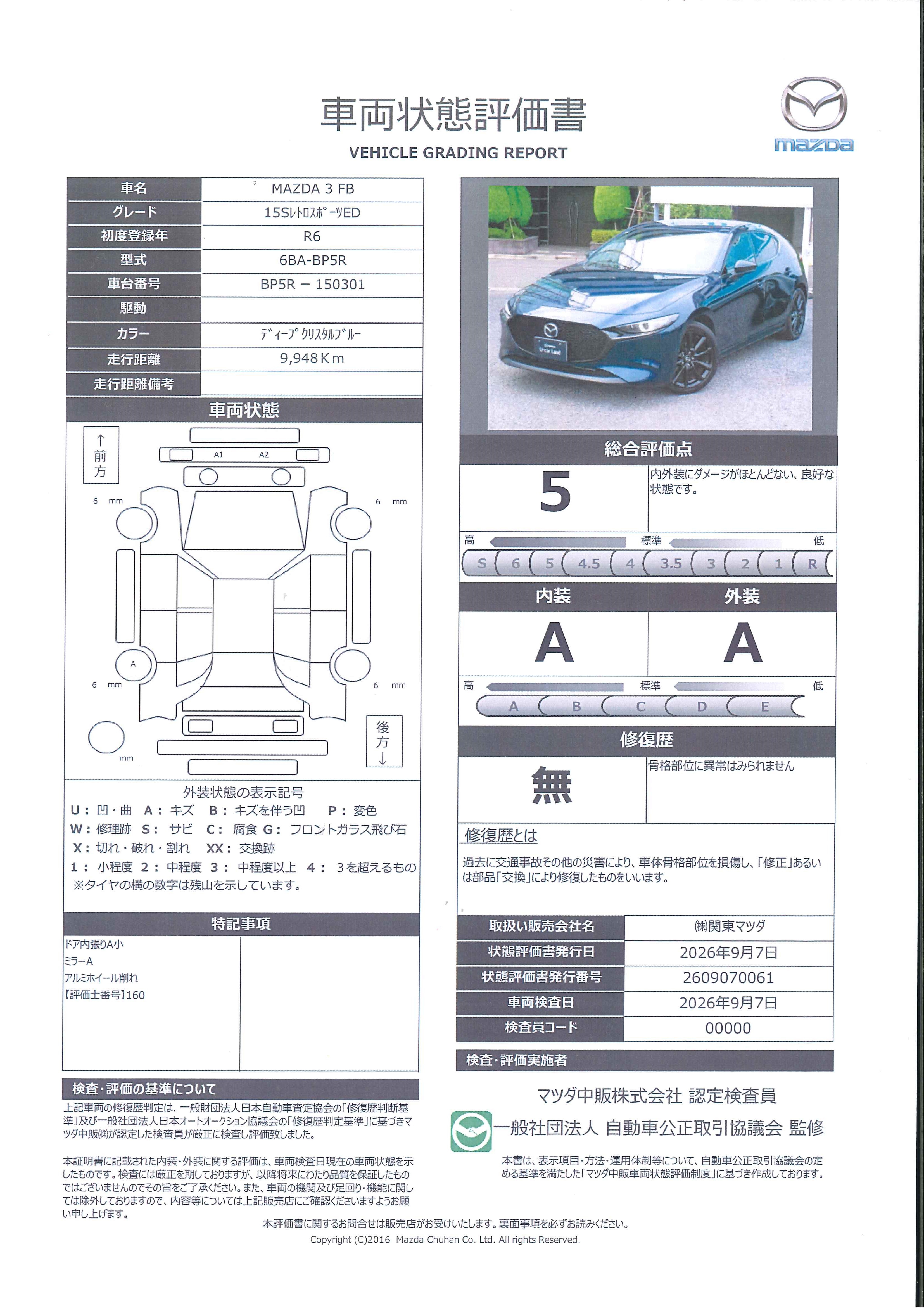 【MAZDA3ファストバック　1.5 15S レトロスポーツエディション当社元社用車　３６０°ビューモニター　１０．２５インチセンターディスプレイ　ＥＴＣ　アンドロイドオート　アップルカープレイ　運転席助手席シートヒーター　363rh016】の車両評価書｜関東マツダ　U-CAR NET ユーカーネット
