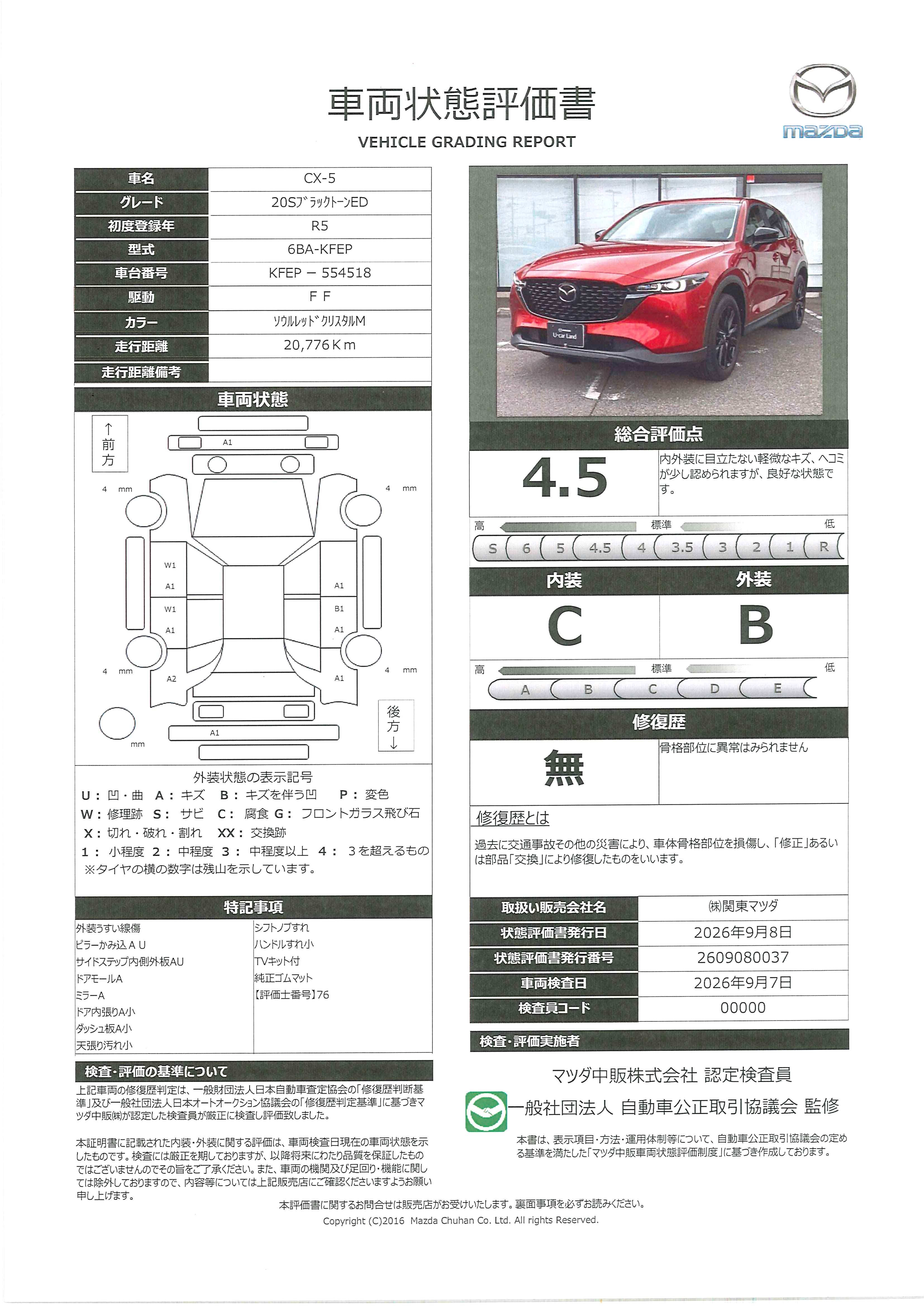 【CX-5　2.0 20S ブラックトーンエディション当社下取り　ワンオーナー　３６０°ビューモニター　全車速追従機能付きレーダークルーズ　純正ドライブレコーダー　前席シートヒーター　アンドロイドオート　アップルカープレイ　363ri004】の車両評価書｜関東マツダ　U-CAR NET ユーカーネット